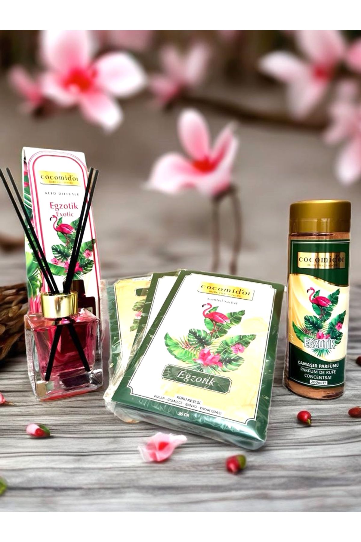 Cocomidor Egzotik Set – 120 ml Oda Kokusu + 3 Adet Dolap Kokusu + 200 ml Çamaşır Parfümü