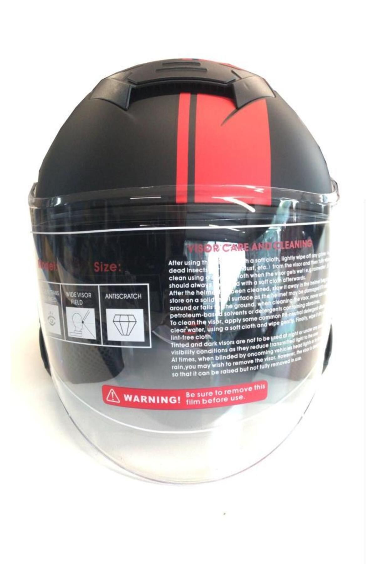 Ybs Yarım Açık Güneş Vizörlü Kask-Siyah Kırmızı Desenli-S Beden