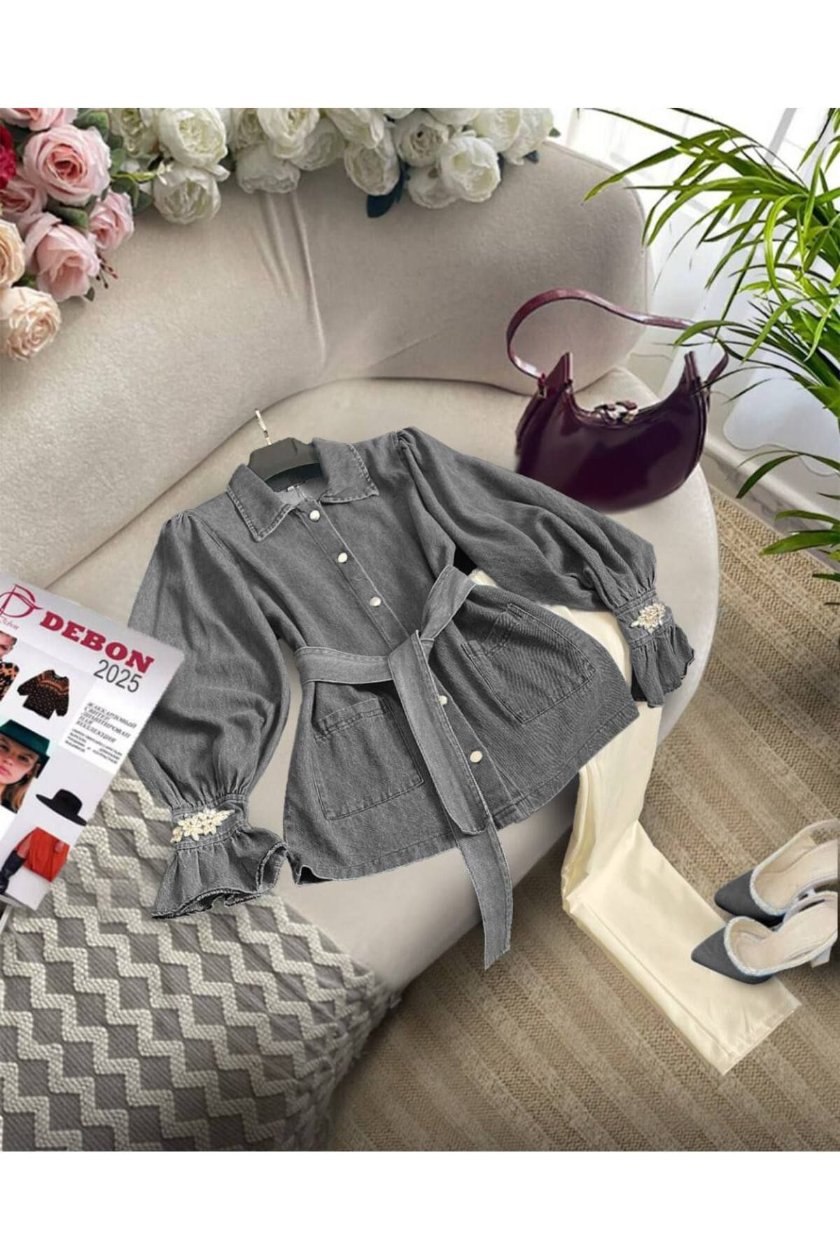 zümrüt moda kolu taş detaylı ceket ve pantolon , ikili kot takım 1796