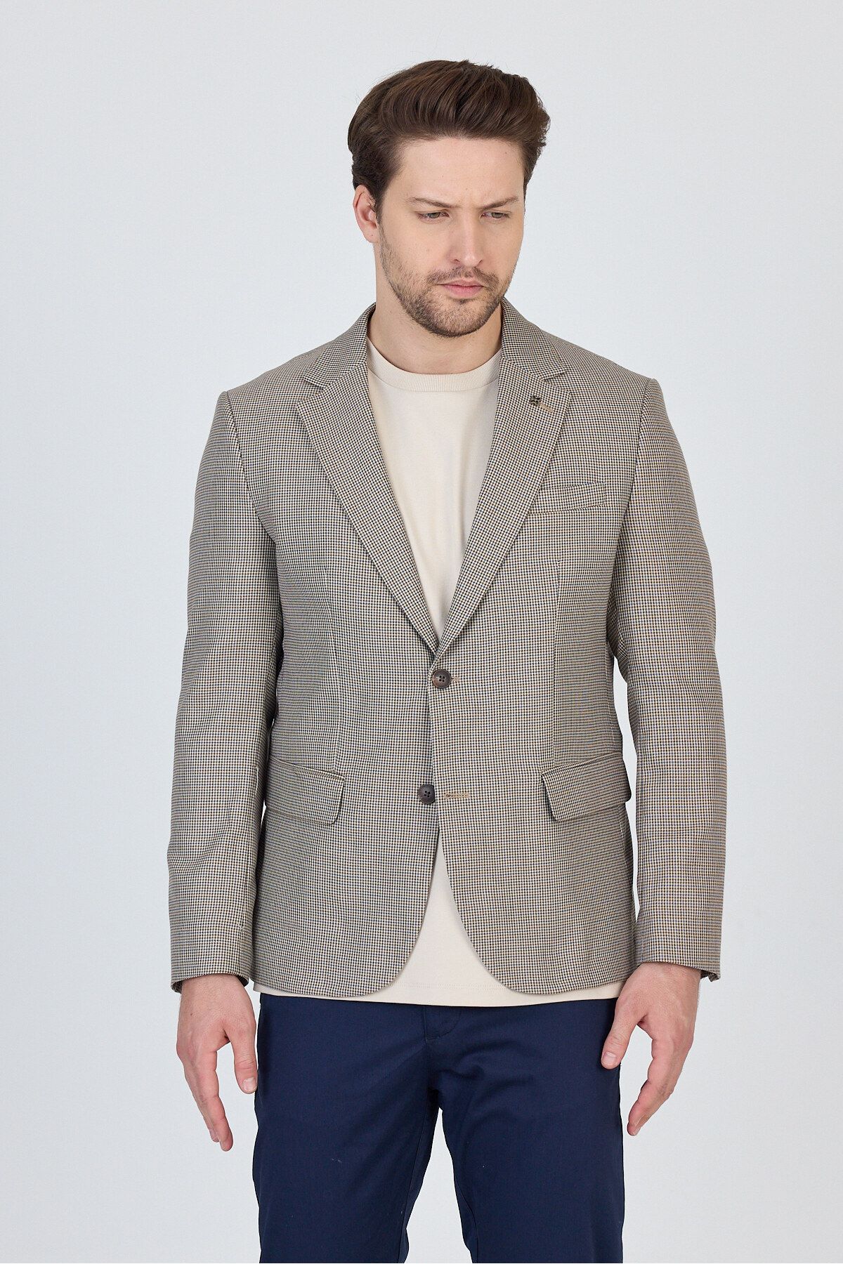 Frappoli Martinelli Erkek Vizon Ufak Desenli Polyester Kumaşlı Spor Blazer Ceket