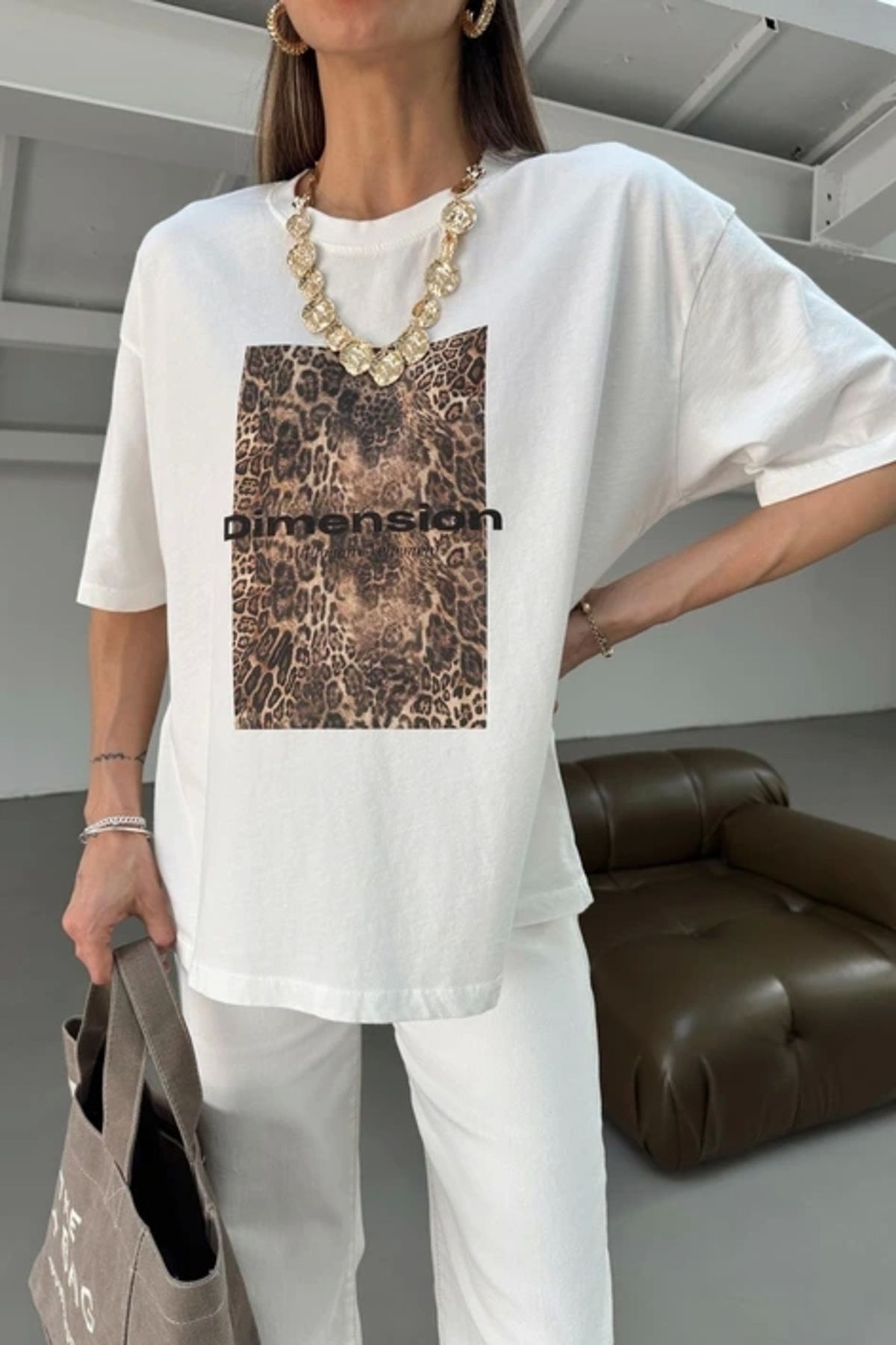 Ecenin Favorileri %100 Pamuk Dimension Baskılı Beyaz Kadın T-shirt