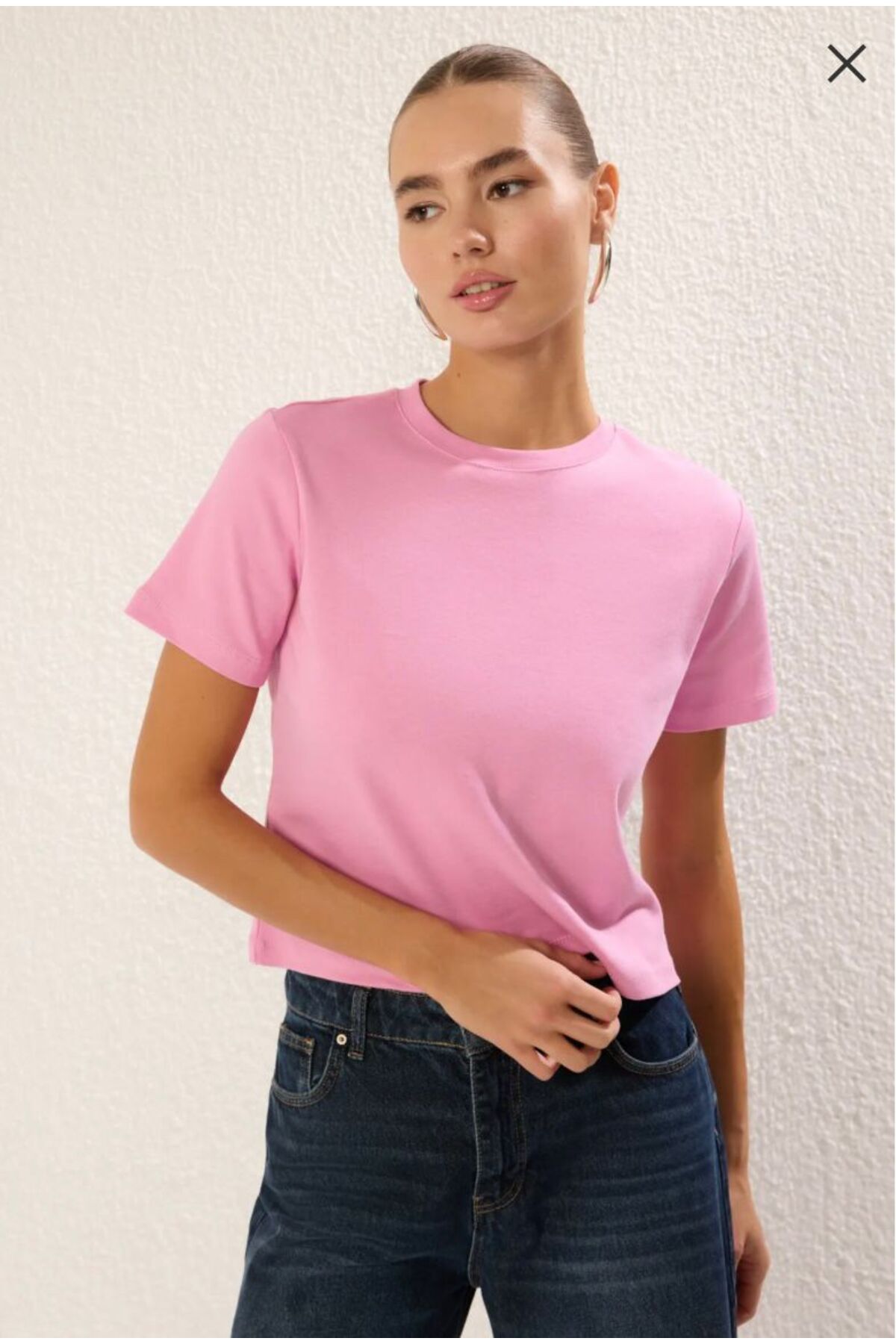 aGELİT Fit geniş kesim bisiklet yaka %100 pamuk pembe t-shirt