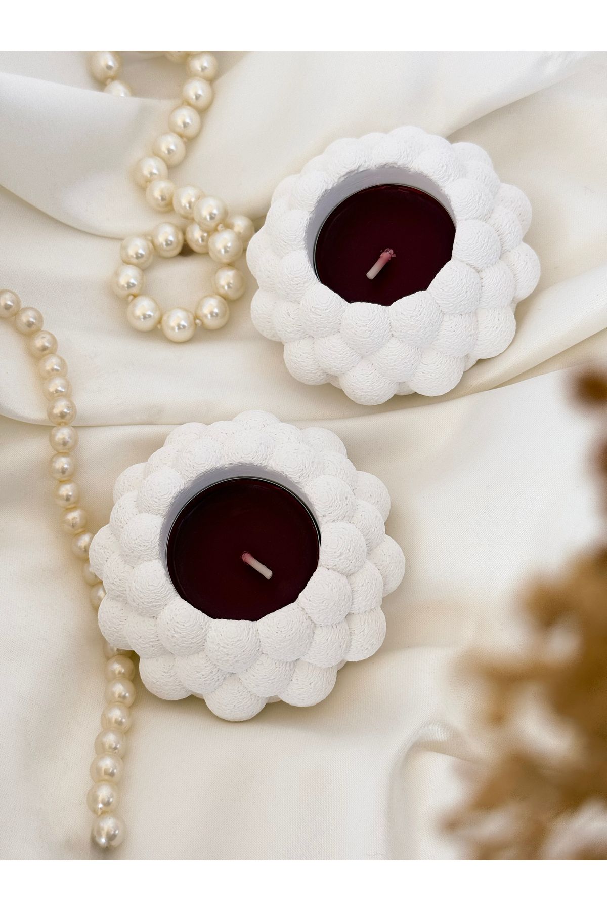Home Tealight Dokulu 2'li Taş Mumluk Seti - Beyaz Dekoratif Hediyelik