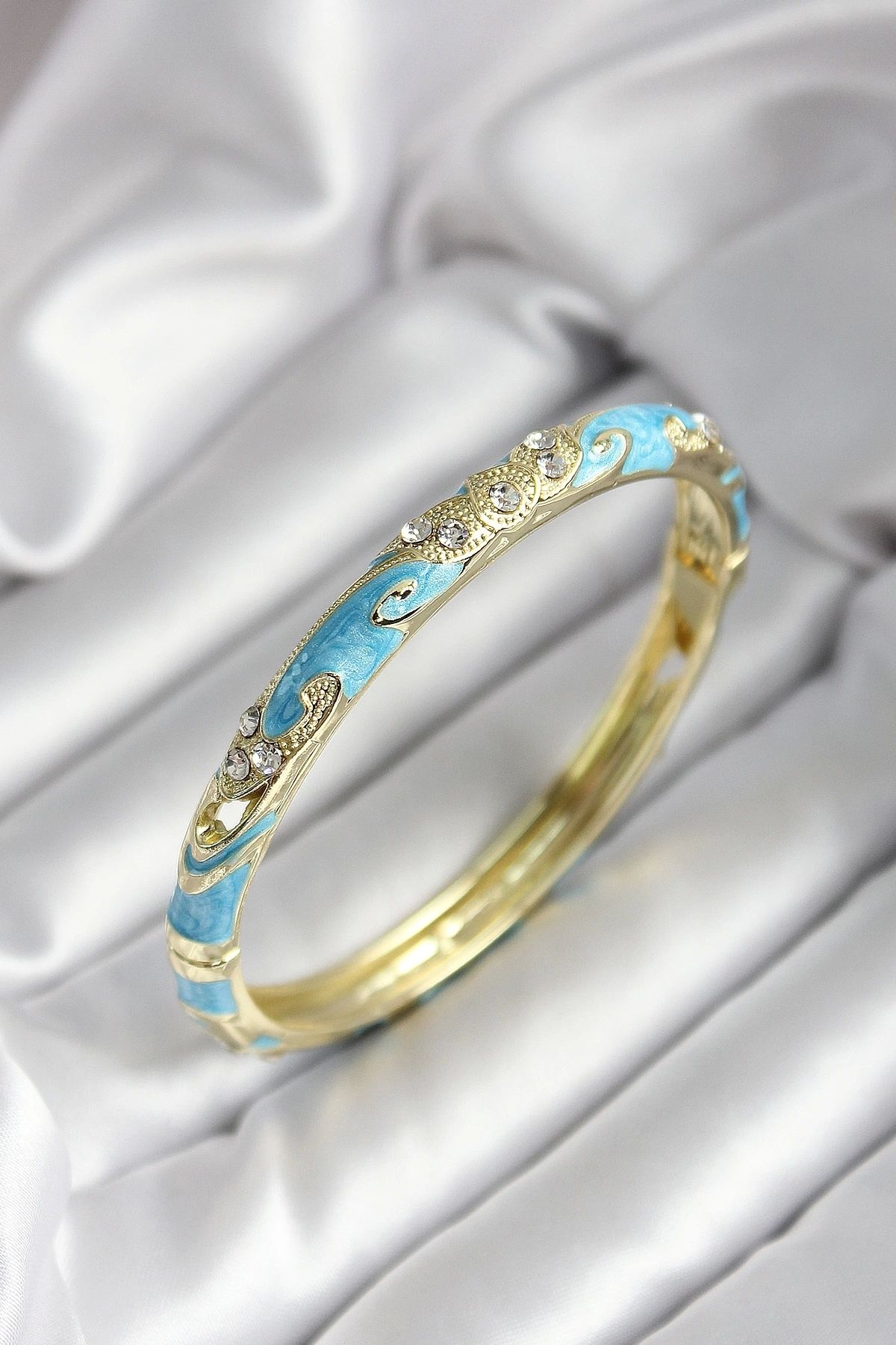 GLIMMERY Mineli Pirinç Turkuaz Çiçek Desenli Zirkon Taşlı Gold Renk Kadın Kelepçe