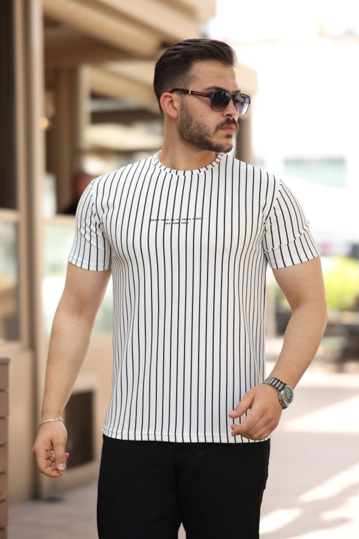 DRGY Erkek Dikey çizgili Ottoman Kumaş Kısa Kollu T-shirt