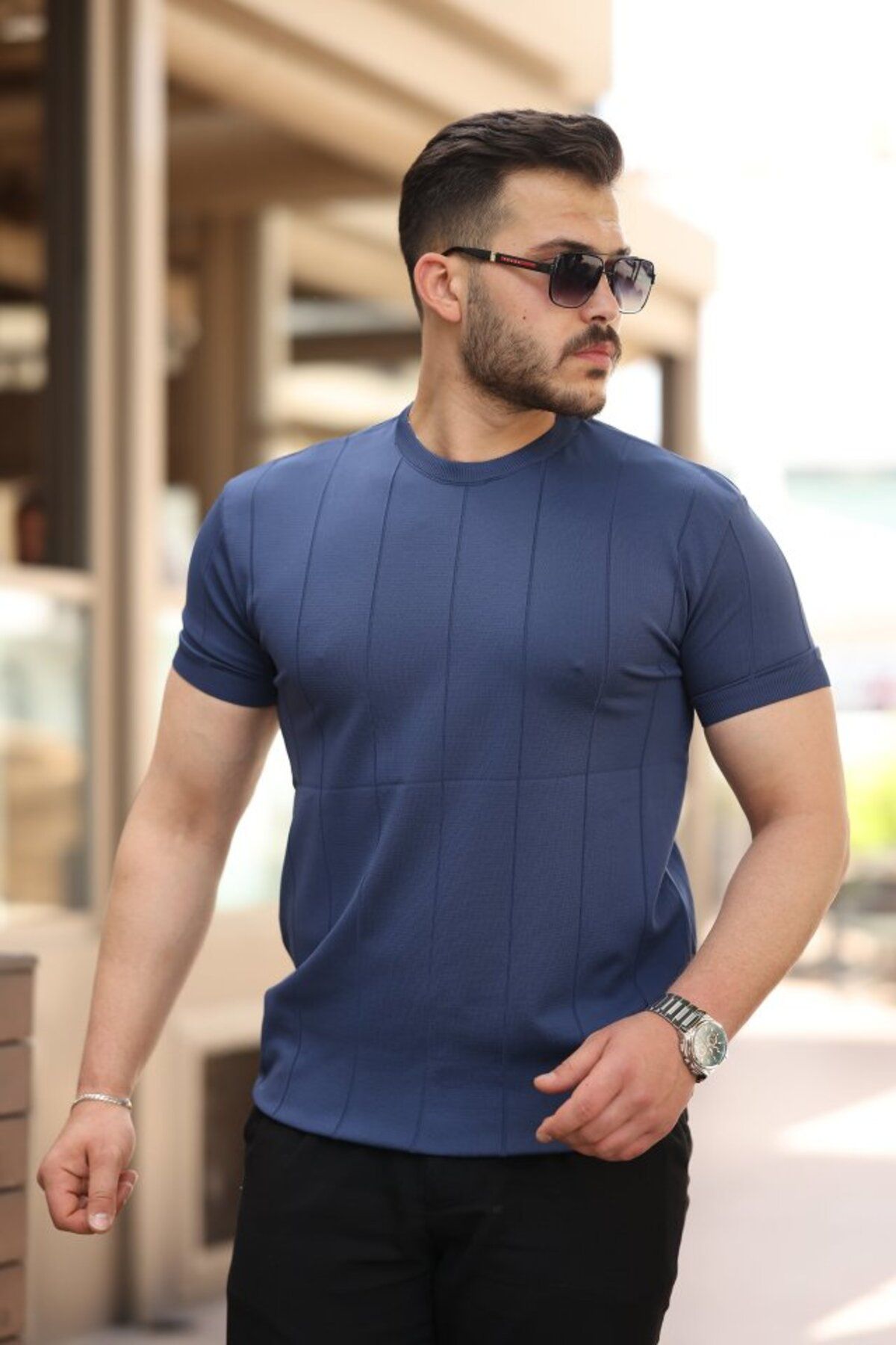 MyTerrax Erkek Ince çizgi Dokulu Bisiklet Yaka Kısa Kollu T-shirt