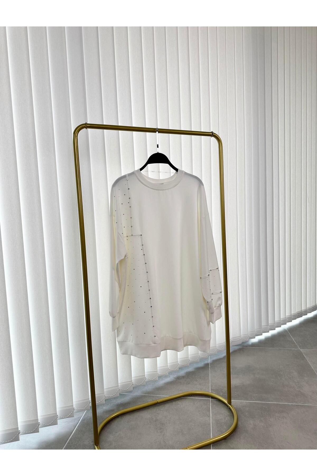 İkoll Parçalı Taşlı Ekru Renk Kadın Sweatshirt