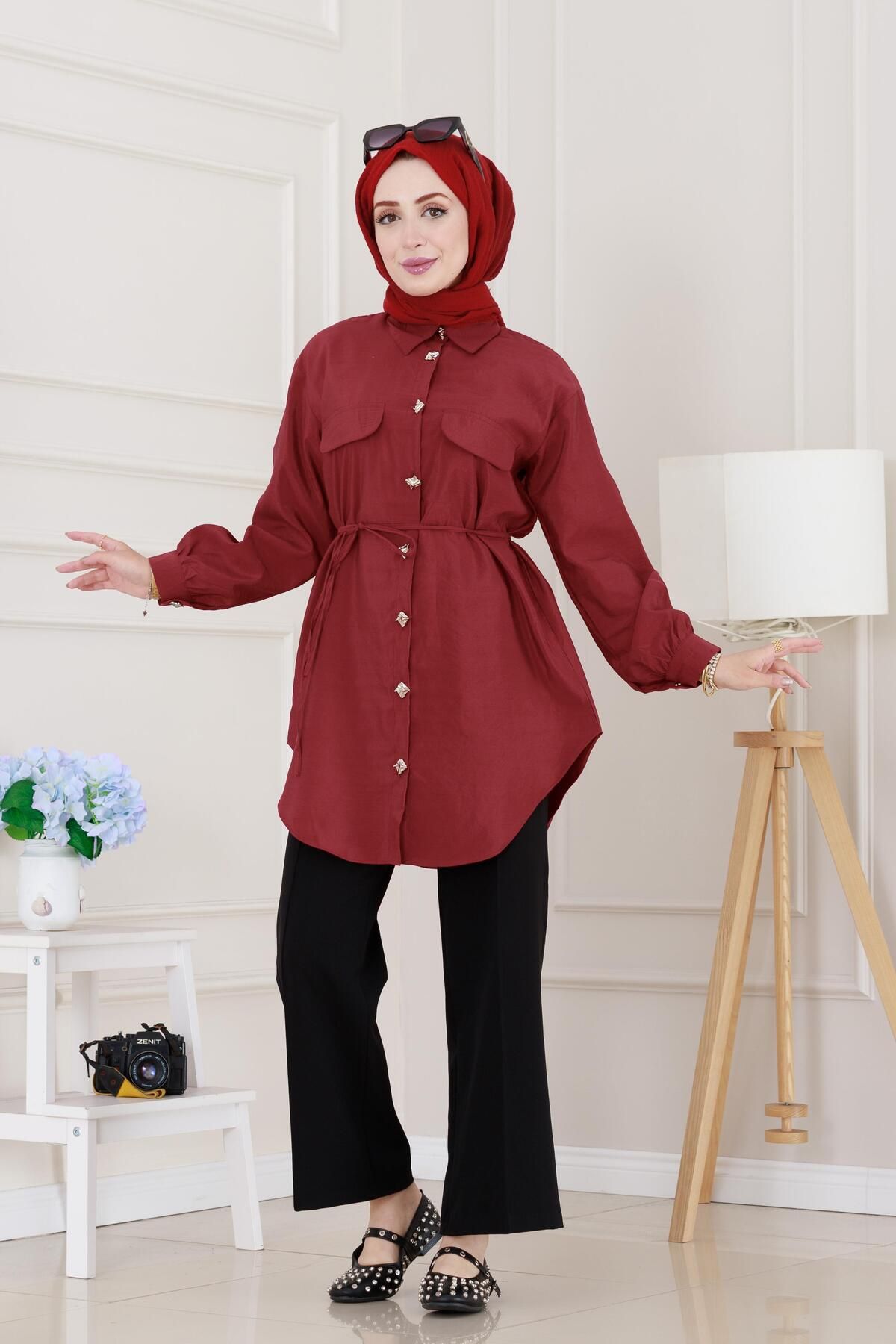 Sevitli Cep Kapaklı Beli Bağcıklı Tunik-Bordo