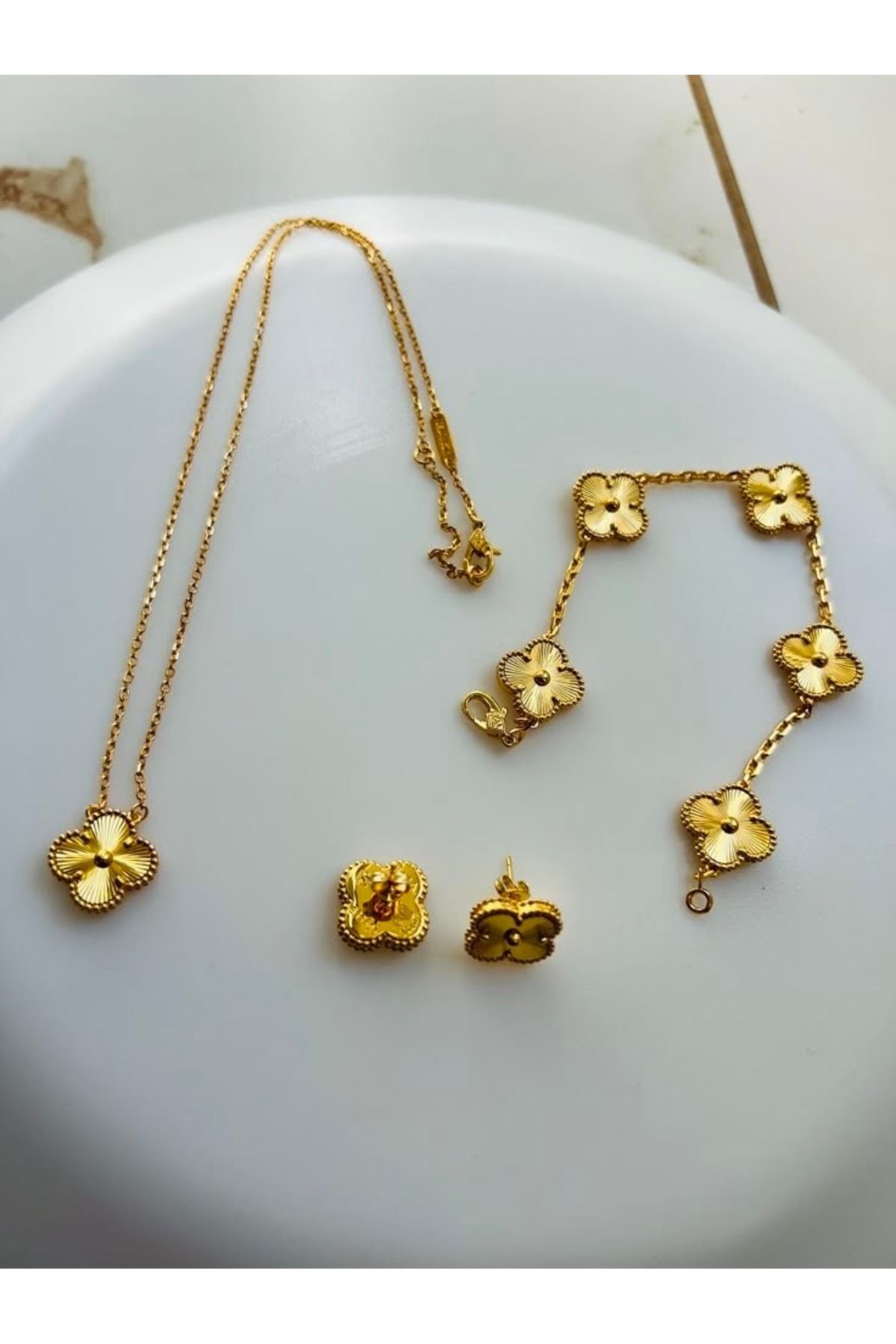 ANGELSS JEWELLERY Gold Yonca Model Van Cleeff Kolye Bileklik Küpe Seti (3’lü Set Yonca Model Gold Kolye Bileklik Küpe)