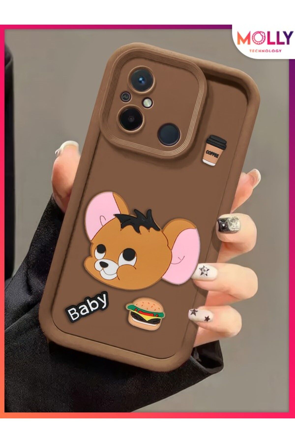 Molly Xiaomi Redmi 12C İçin Fallow Brown Kenarları Kalın 3d Kabartmalı Baby Jerry Silikon Kılıf