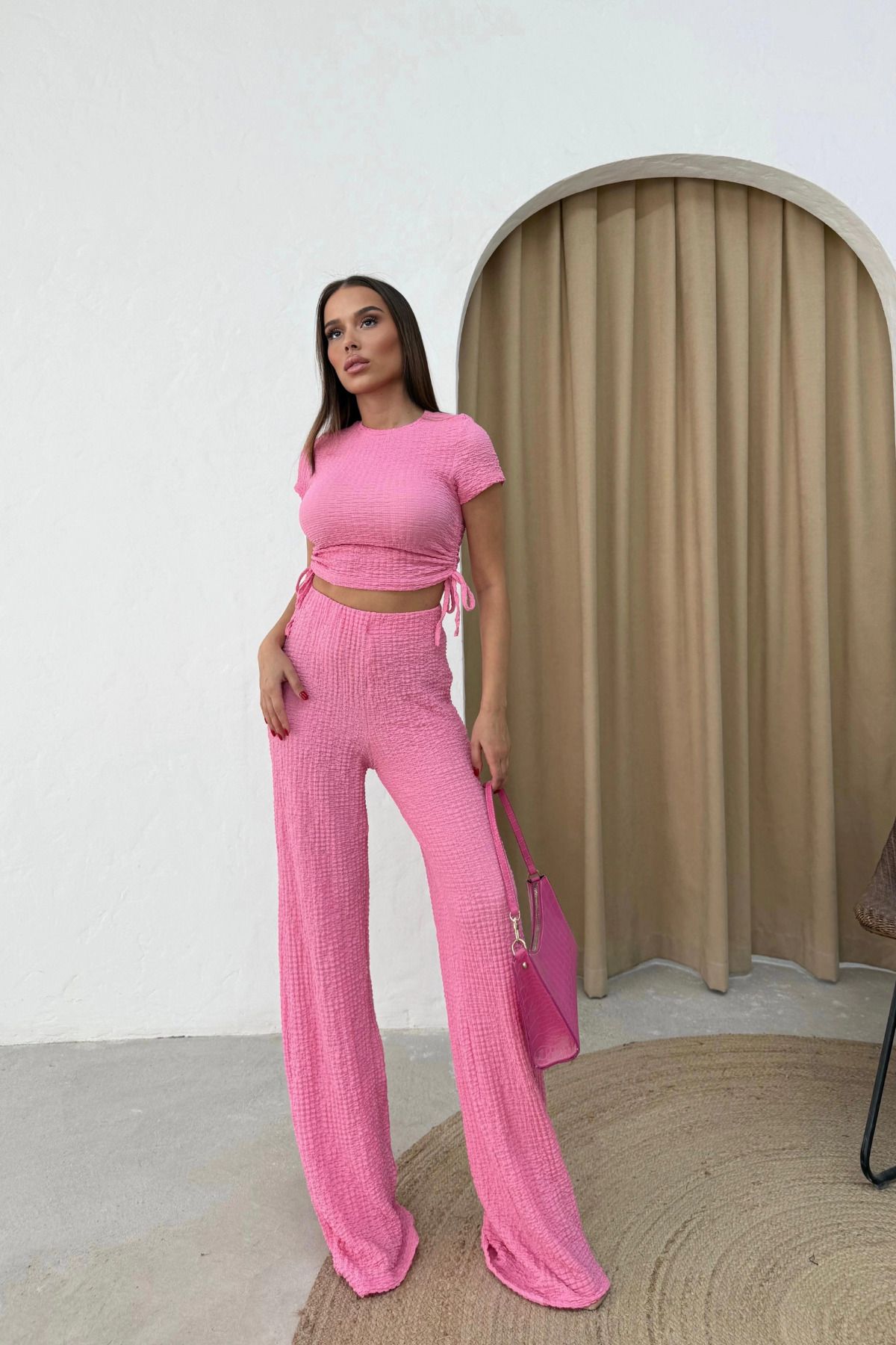 MOZENA Yanları Büzgü Detay Bluz ve Pantolon Gofre Takım
