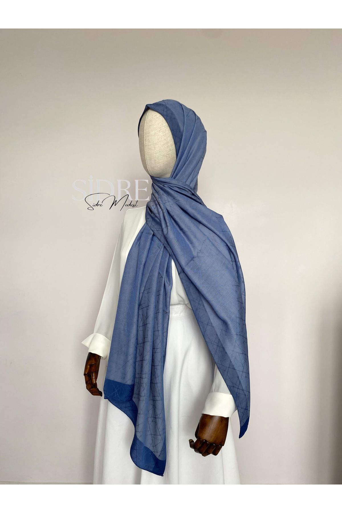 SİDRE MODEST Kendinden Desenli Mavi Şal