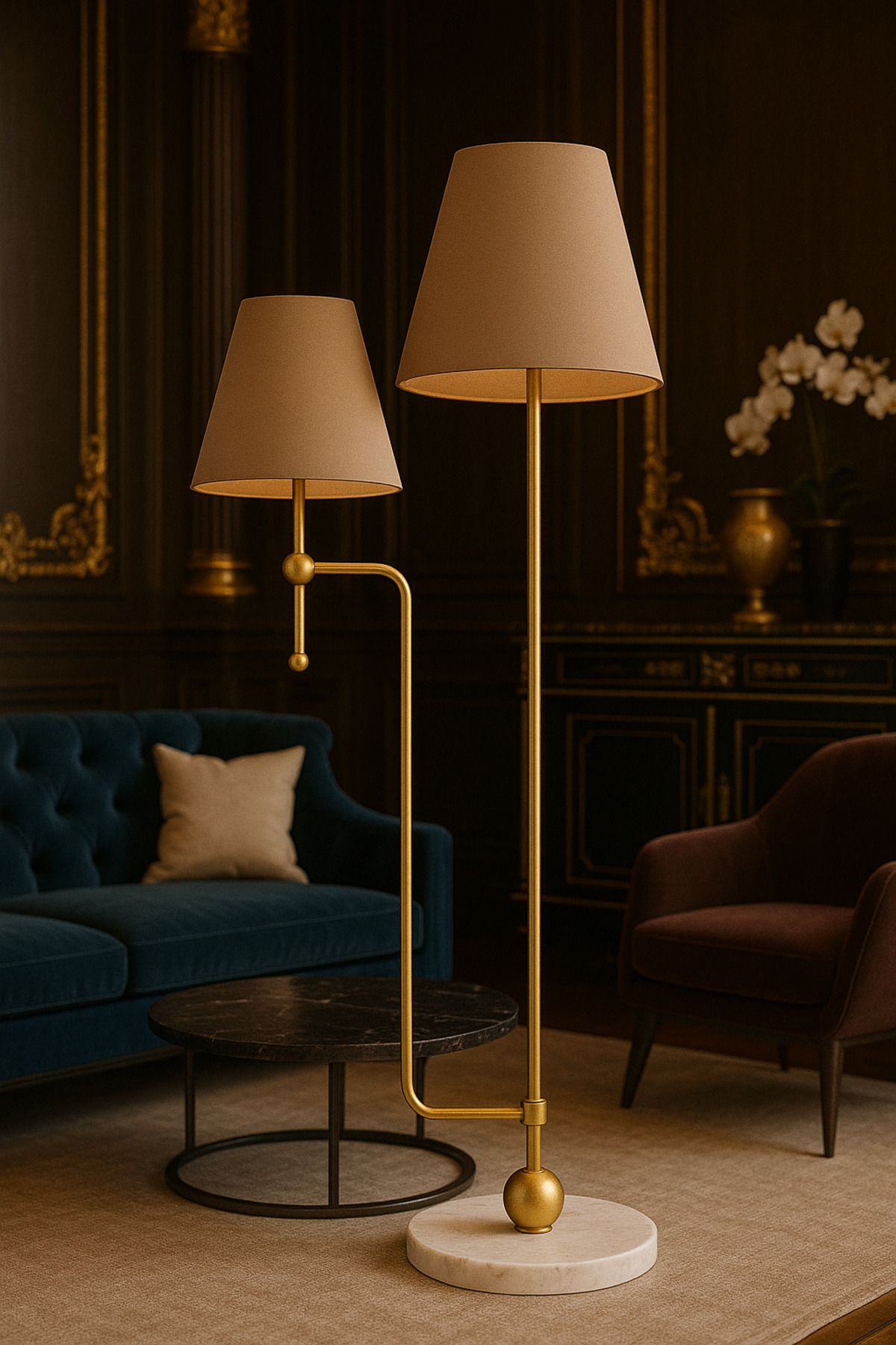 Vinner DuoLux Elegance Vizon İkili Başlıklı Modern Metal Mermer Tabanlı Lambader