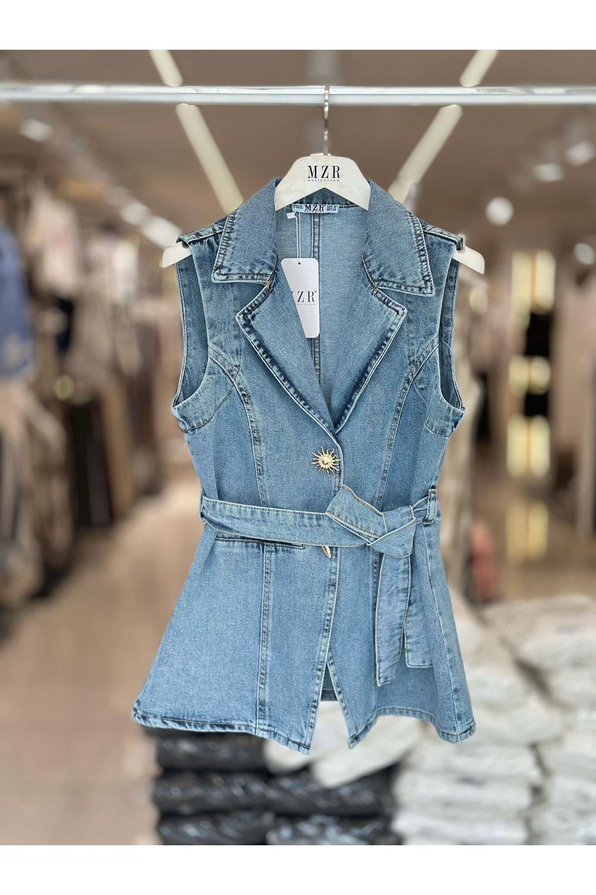 Mzr Collection KADIN DENİM MAVİ GÜNEŞ SERİSİ BAĞLAMALI YELEK