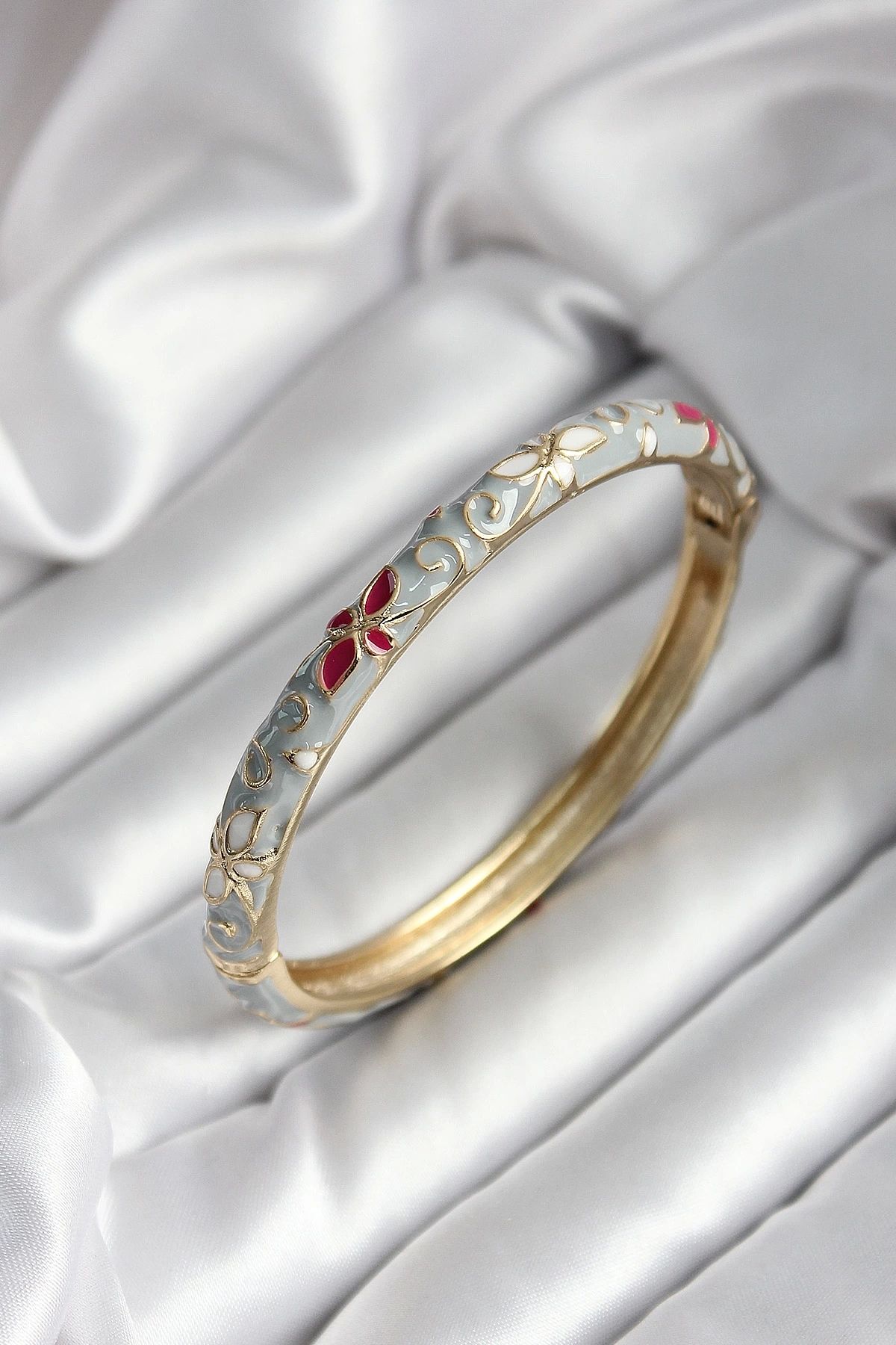 GLIMMERY Mineli Pirinç Gri Çiçek Desenli Gold Renk Kadın Kelepçe