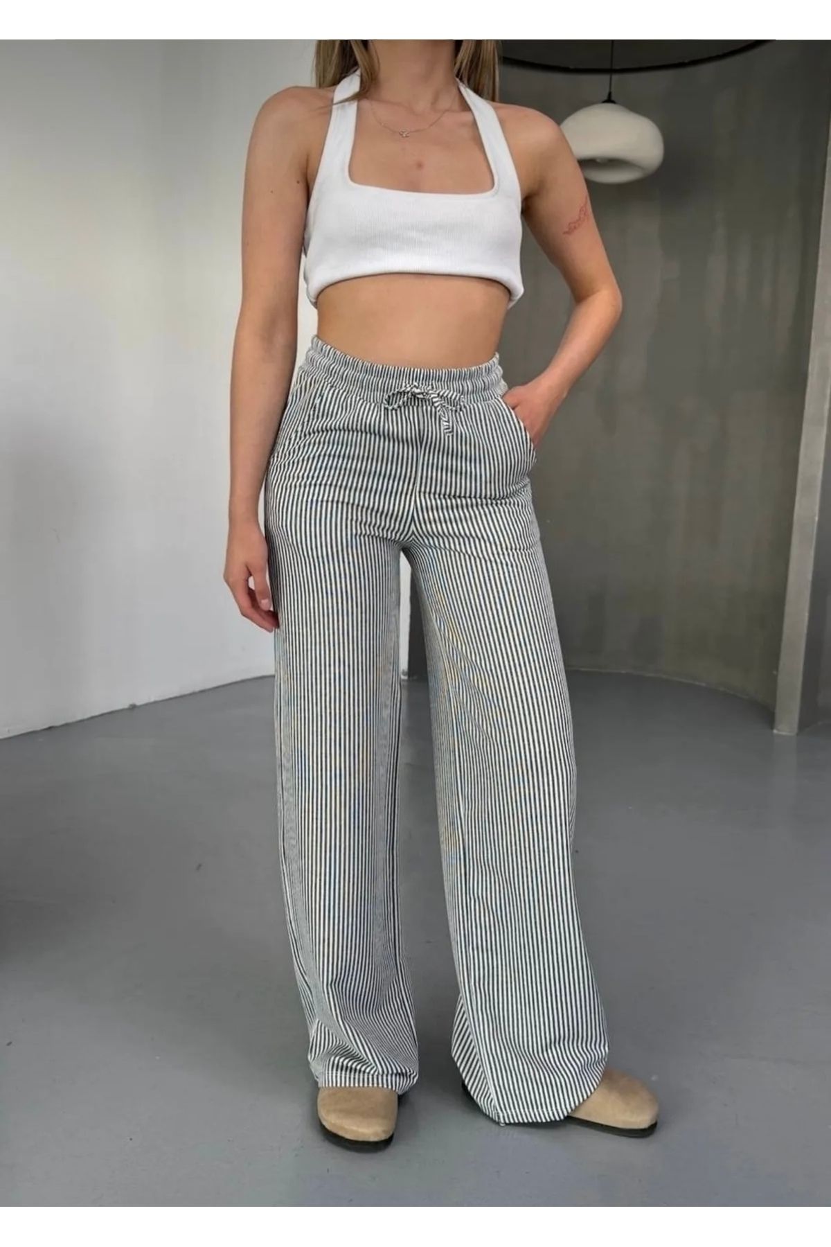 lenai online shop Çizgili Rahat Günlük Bol Pantolon