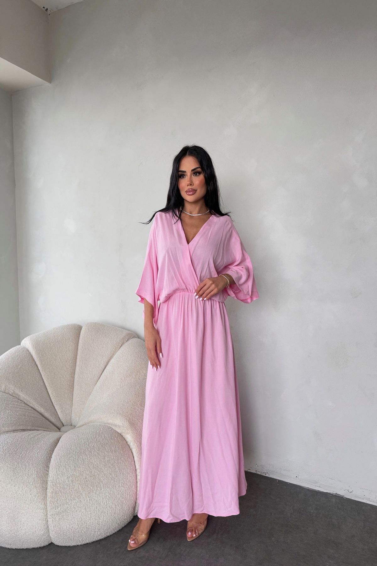 LİLA İSTANBUL Kruvaze Yaka Yarasa Kol Oversize Yazlık Elbise