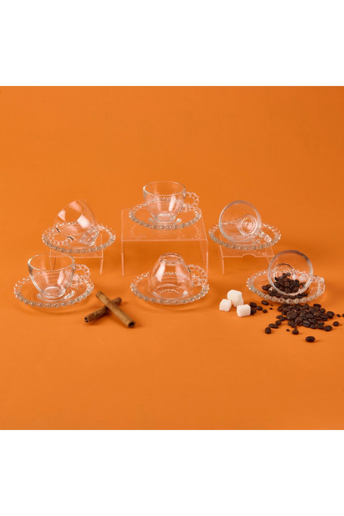 ASPARTAM Home Bubbly 12 Parça Boncuklu Cam Kahve Fincanı - Şeffaf - 80 ml