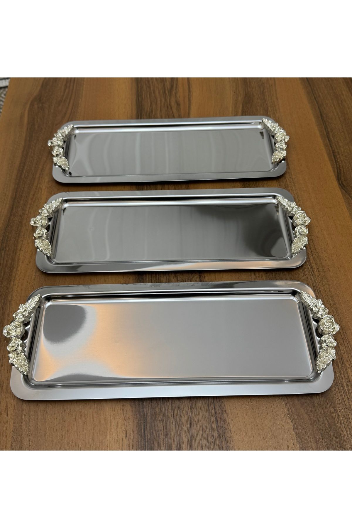 Elzemm store 6 ADET ÇELİK DİKDÖRTGEN GÜMÜŞ KULPLU SERVİS VE SUNUM TEPSİSİ LÜX