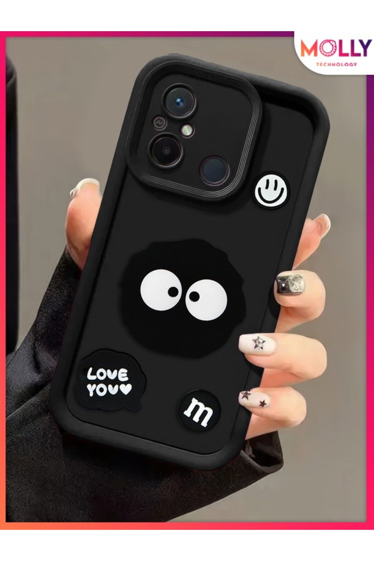 Molly Xiaomi Redmi 12C İçin Siyah Kenarları Kalın 3d Kabartmalı Cute Doodle Silikon Kılıf