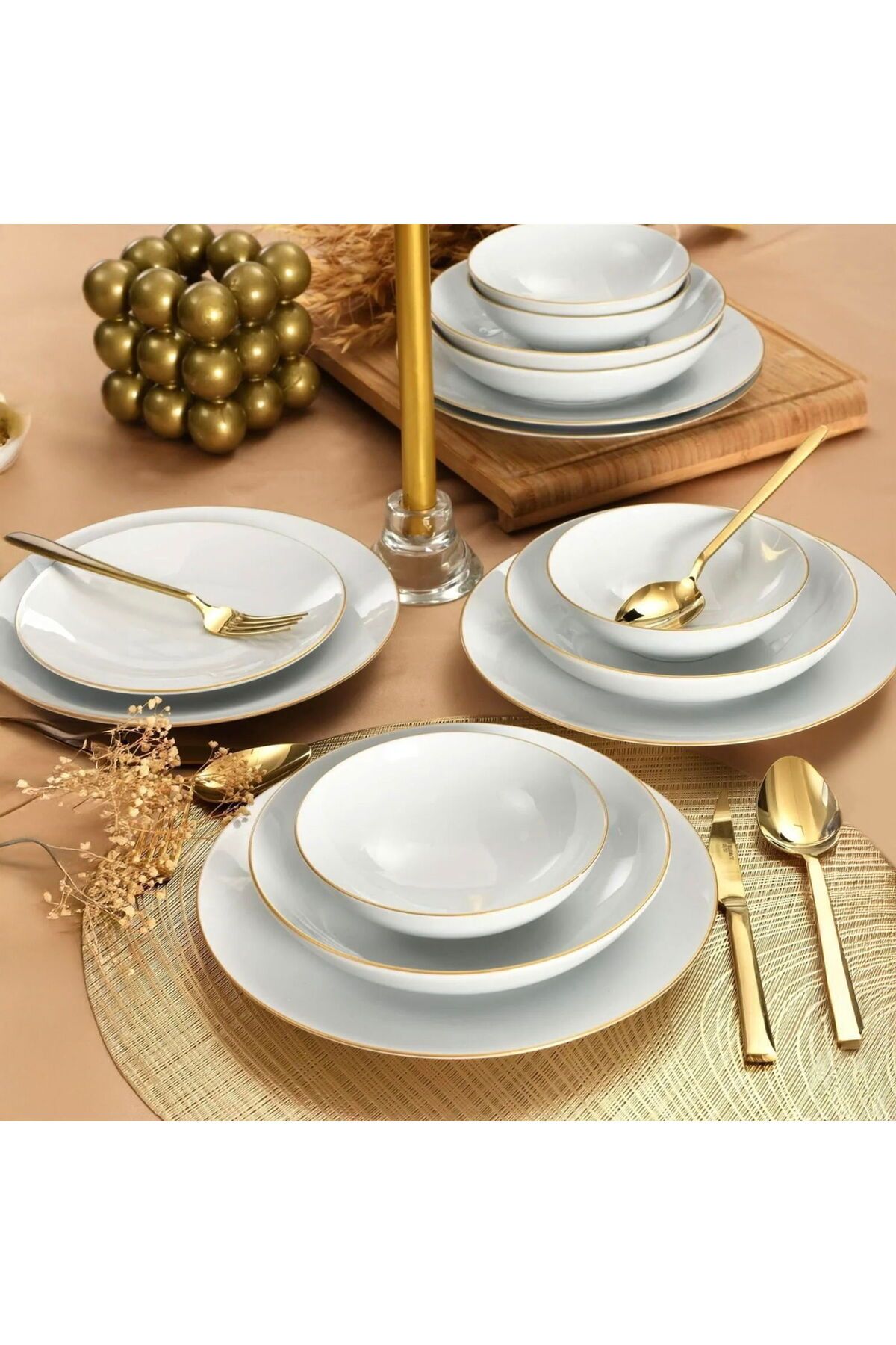 MATMEL Porselen Atina 24 Parça Yemek Takımı - Beyaz / Gold