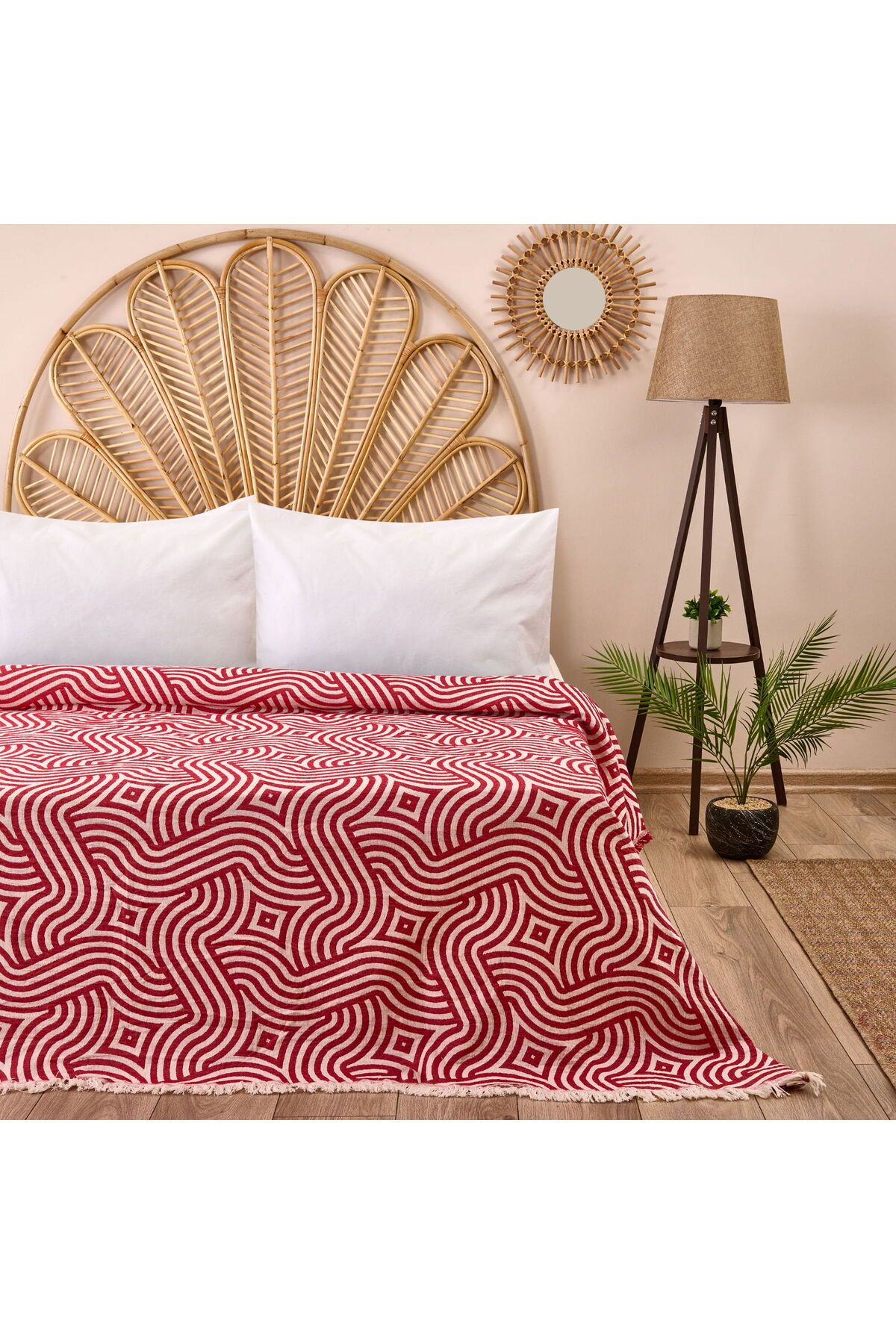 MATMEL Geometrik Desenli Çift Kişilik Yatak Örtüsü - Kırmızı - 225x250 cm