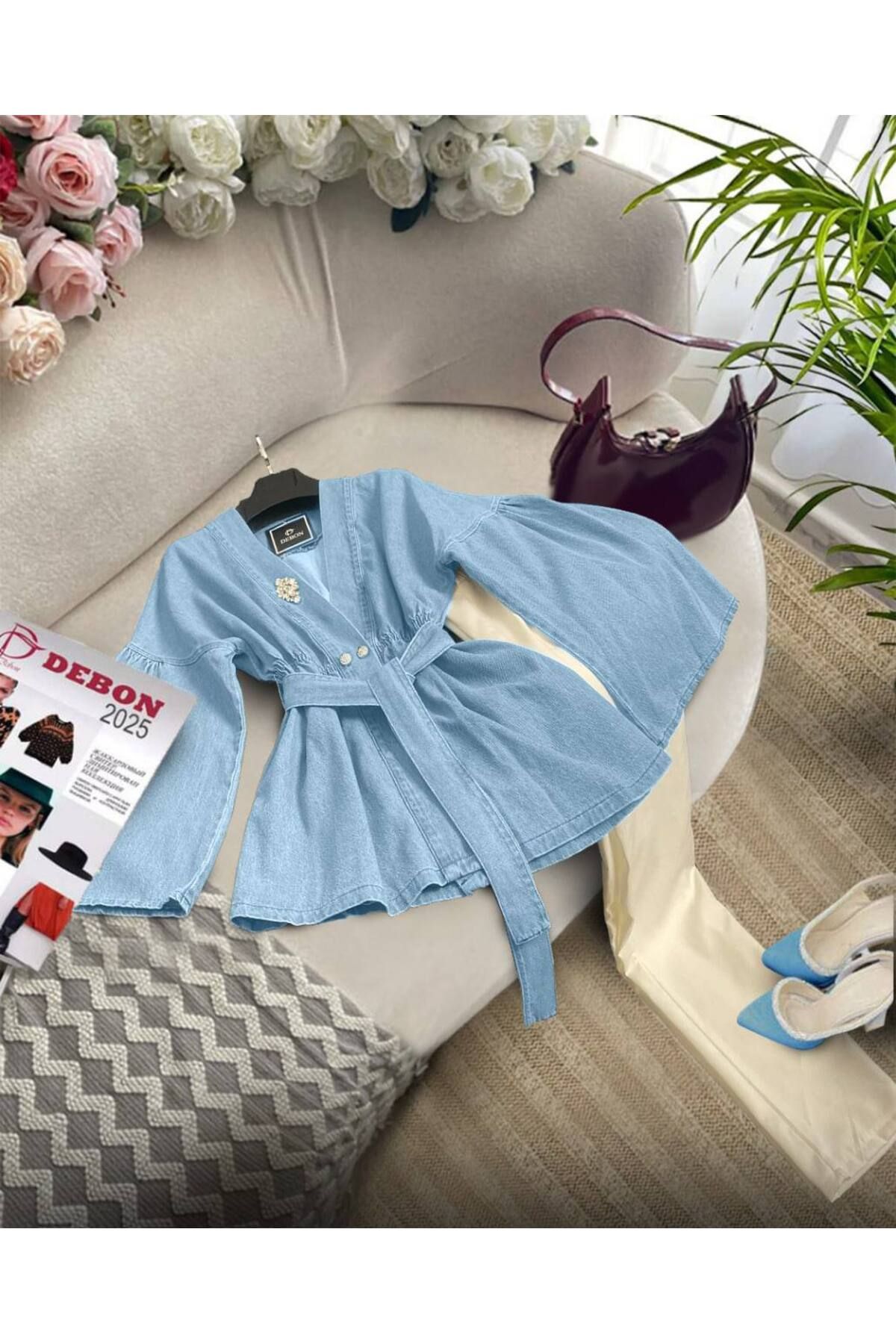 zümrüt moda taş detaylı ceket ve pantolon , ikili kot takım 1798