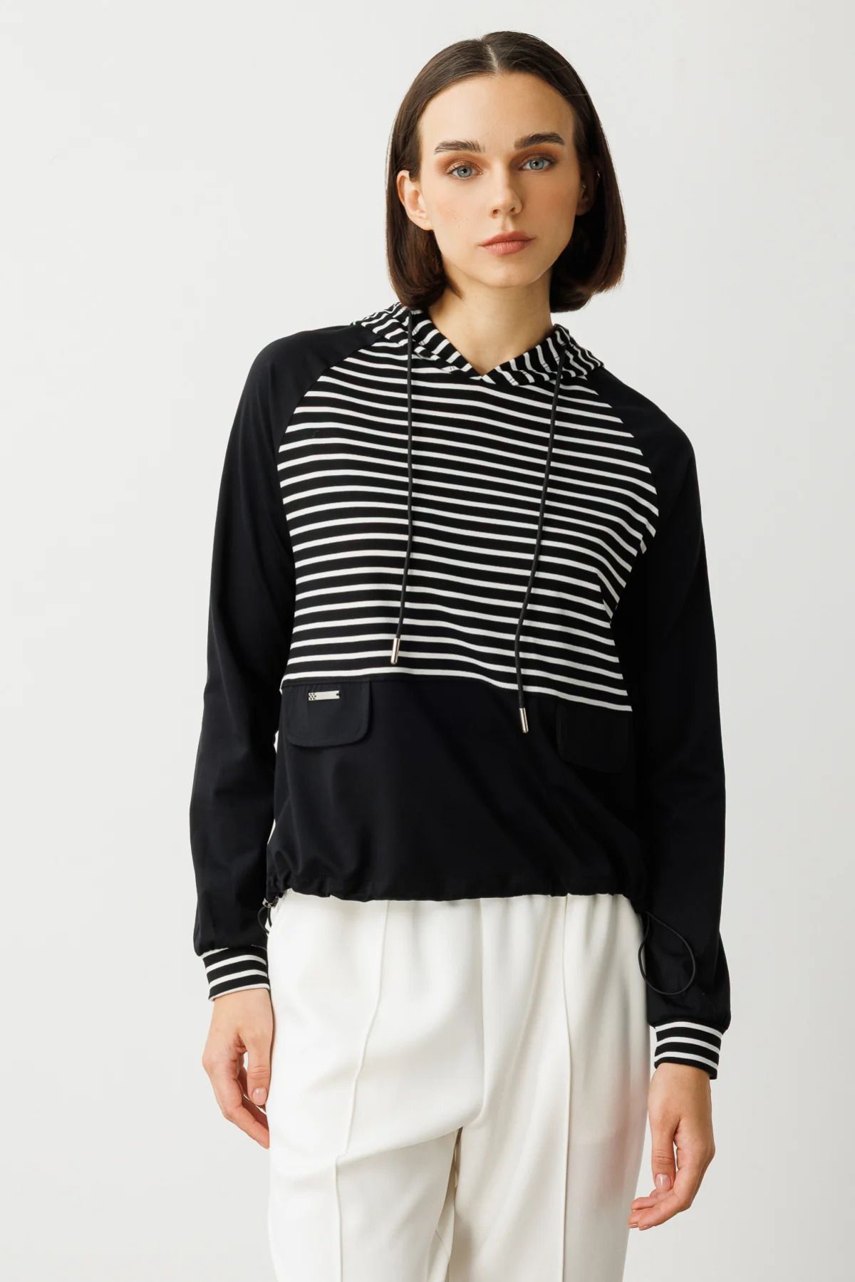 On Fashion On Çizgili Kapüşonlu Bluz Siyah -51445