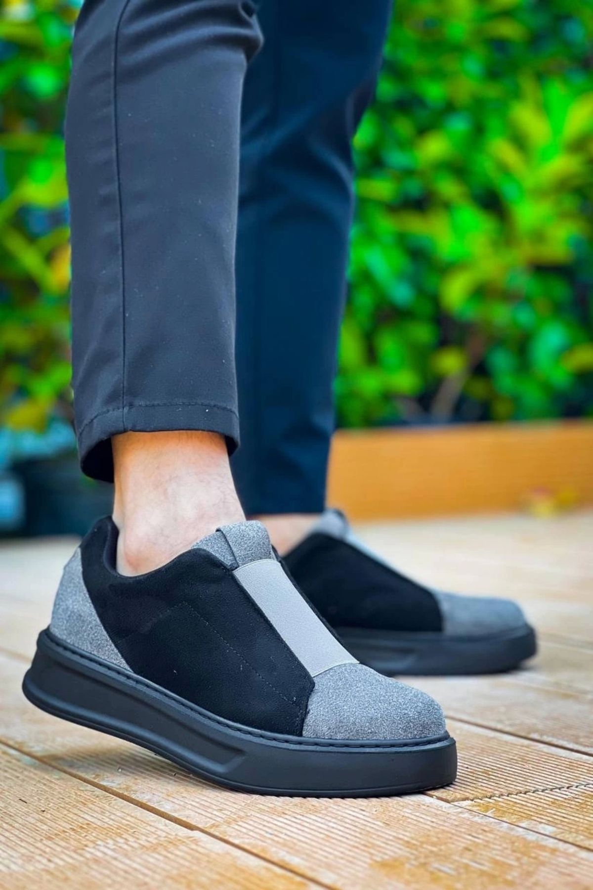 OurStyles KB-007 Kuback Siyah Gri Siyah Yüksek Taban Tek Bant Bağcıksız Günlük Erkek