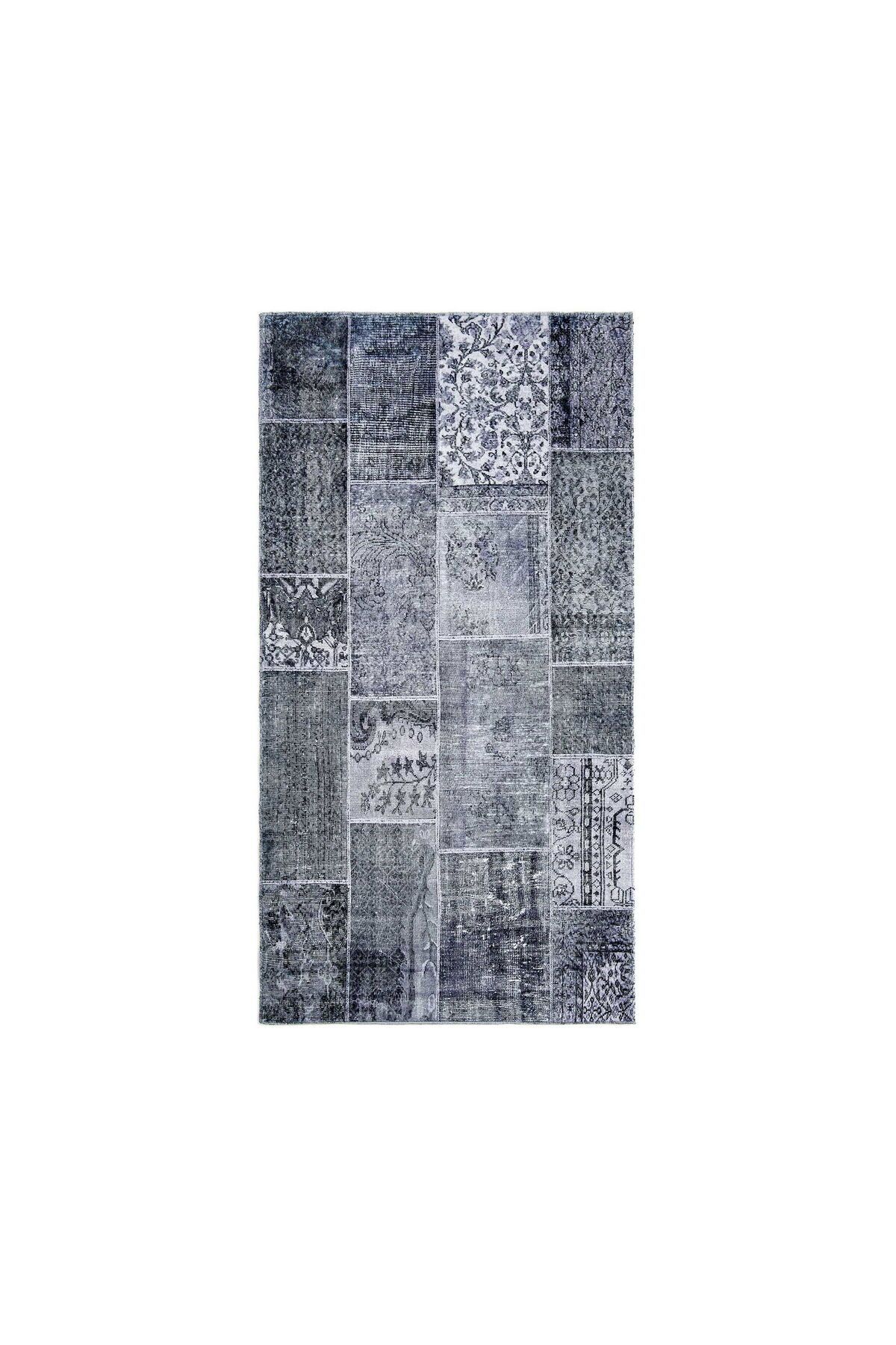 ASPARTAM Kadife Patchwork Halı - Gri - 80x150 cm