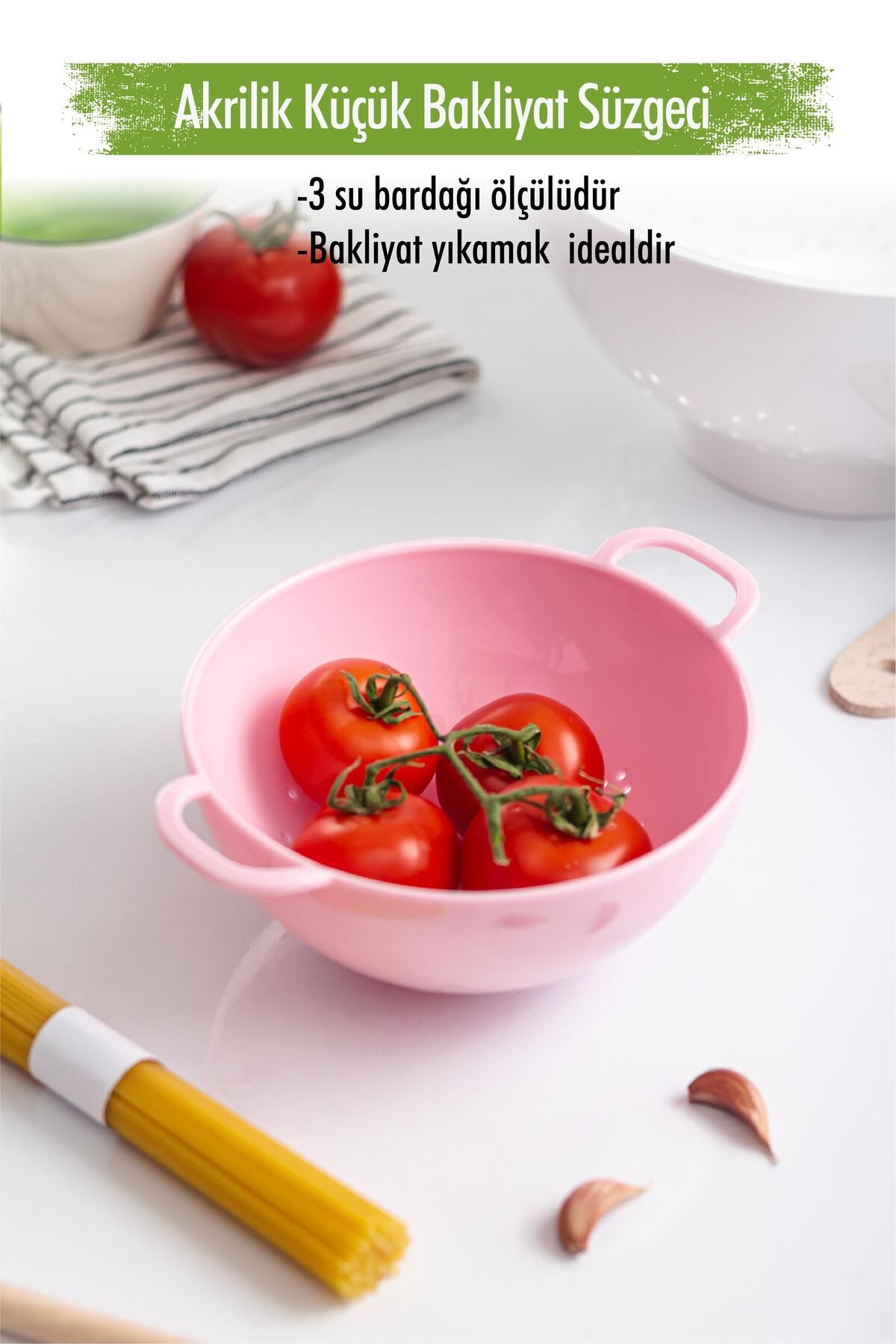 EWs Akrilik Soft Pembe Mini Pirinç Süzgeçi & Bakliyat Süzgeçi (3 SU BARDAĞI ÖLÇÜLÜ)