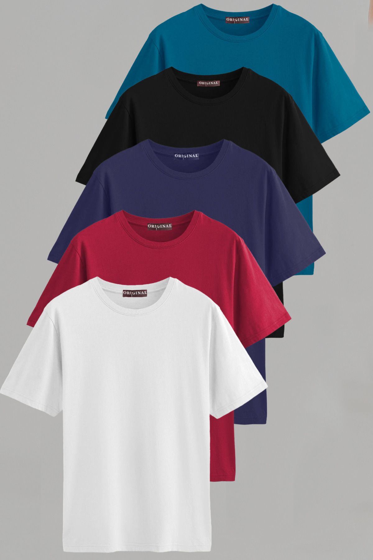 Vien&Karl Erkek Beyaz-Siyah-Laci-Bordo-Petrol Mavi Slim Fit Bisiklet Yaka %100 Pamuk 5'li Basic Tişört