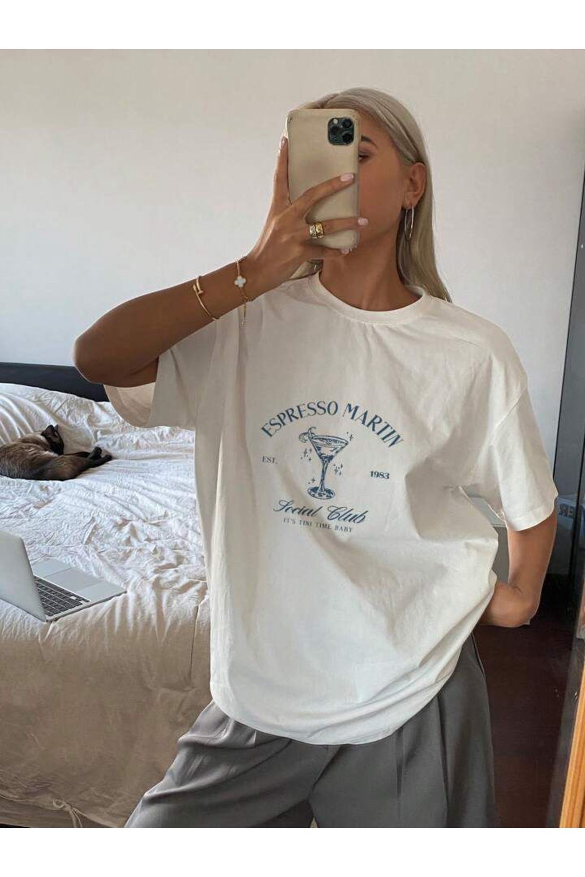 KEALVİ KEALVİ Kadın beyaz Espresso Martın baskılı T-shirt- Bisiklet yaka