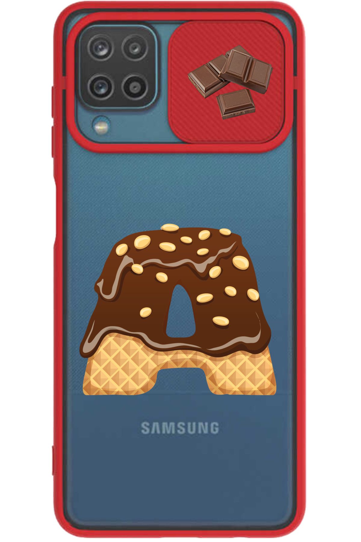Rotaks Samsung Galaxy A12 - M12 Uyumlu Kılıf Sürgülü Slayt İsme Özel Çikolata Harf Baskılı