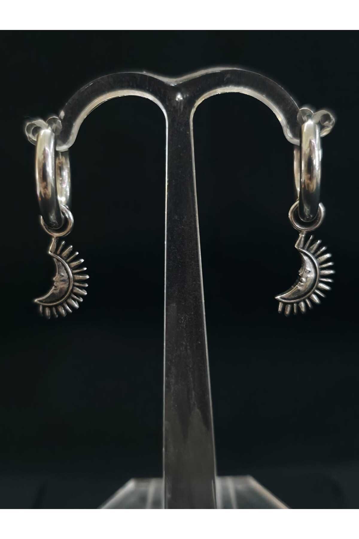 sarıyer silver Yarım Güneş Model Sallantılı Tasarım Şık Stil Çelik Halka Küpe