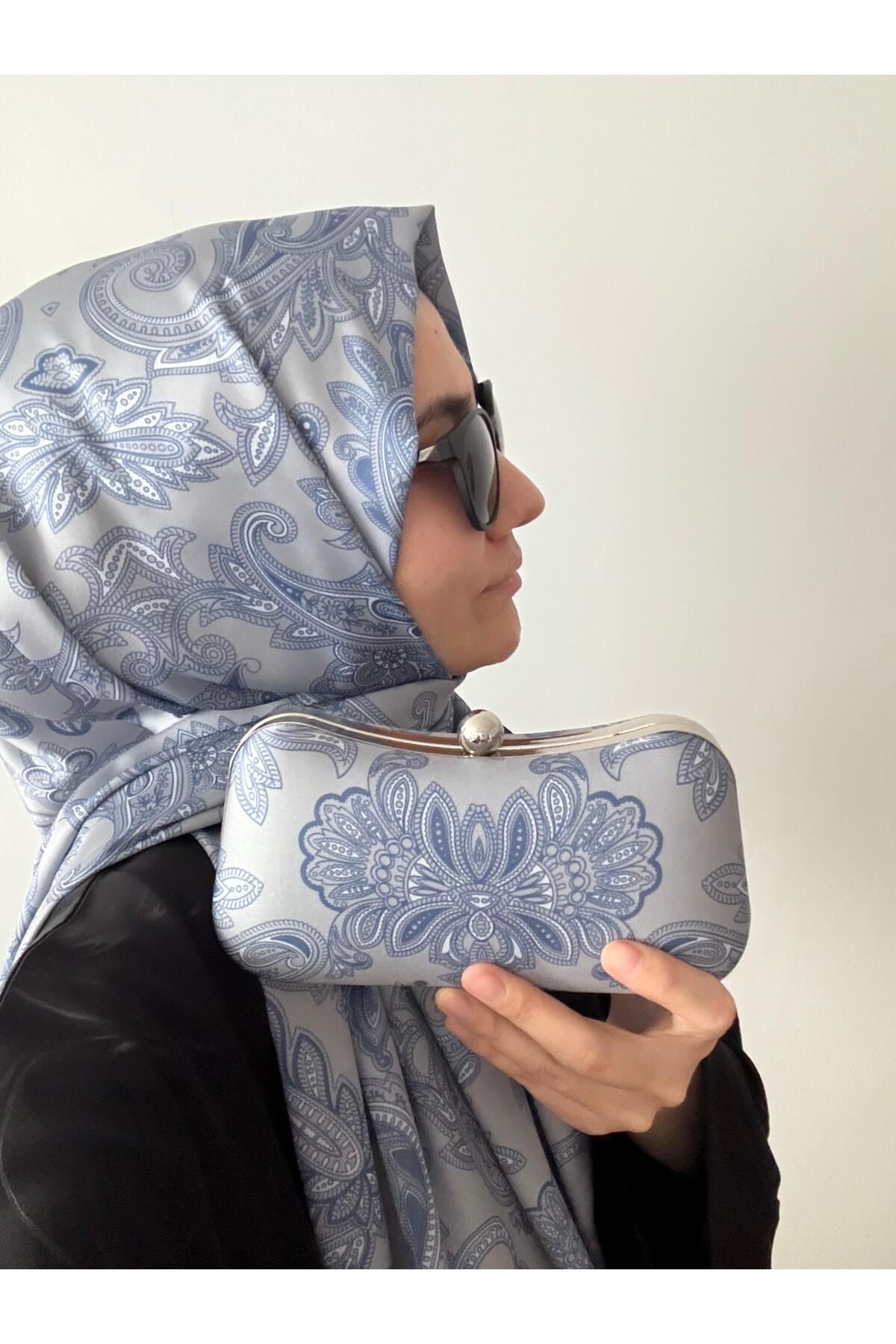 Ceylan Mavi - Gri Etnik Desenli Şal & Çanta Takımı
