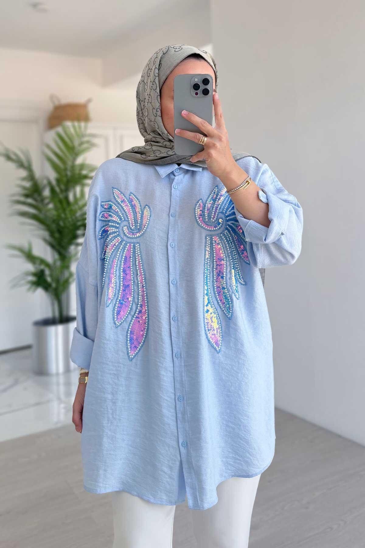 Ka Hijab Doha Payet Detay Gömlek - Mavi