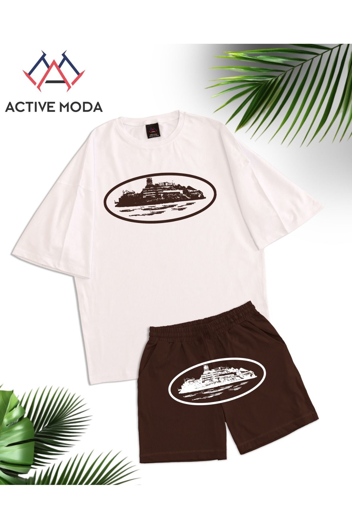 ACTIVE MODA -ERKEK KISA KOLLU Corteiz BASKILI KISA KOLLU TSHIRT-ŞORT TAKIMI 2Lİ BÜYÜK BEDEN PAMUKLU