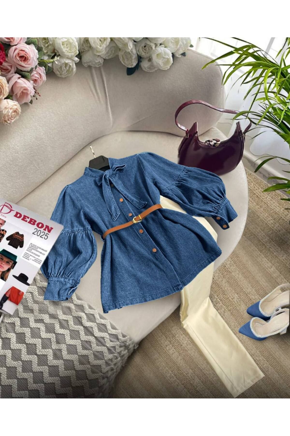 zümrüt moda yakası kravat detaylı ceket ve pantolon , ikili kot takım 1805