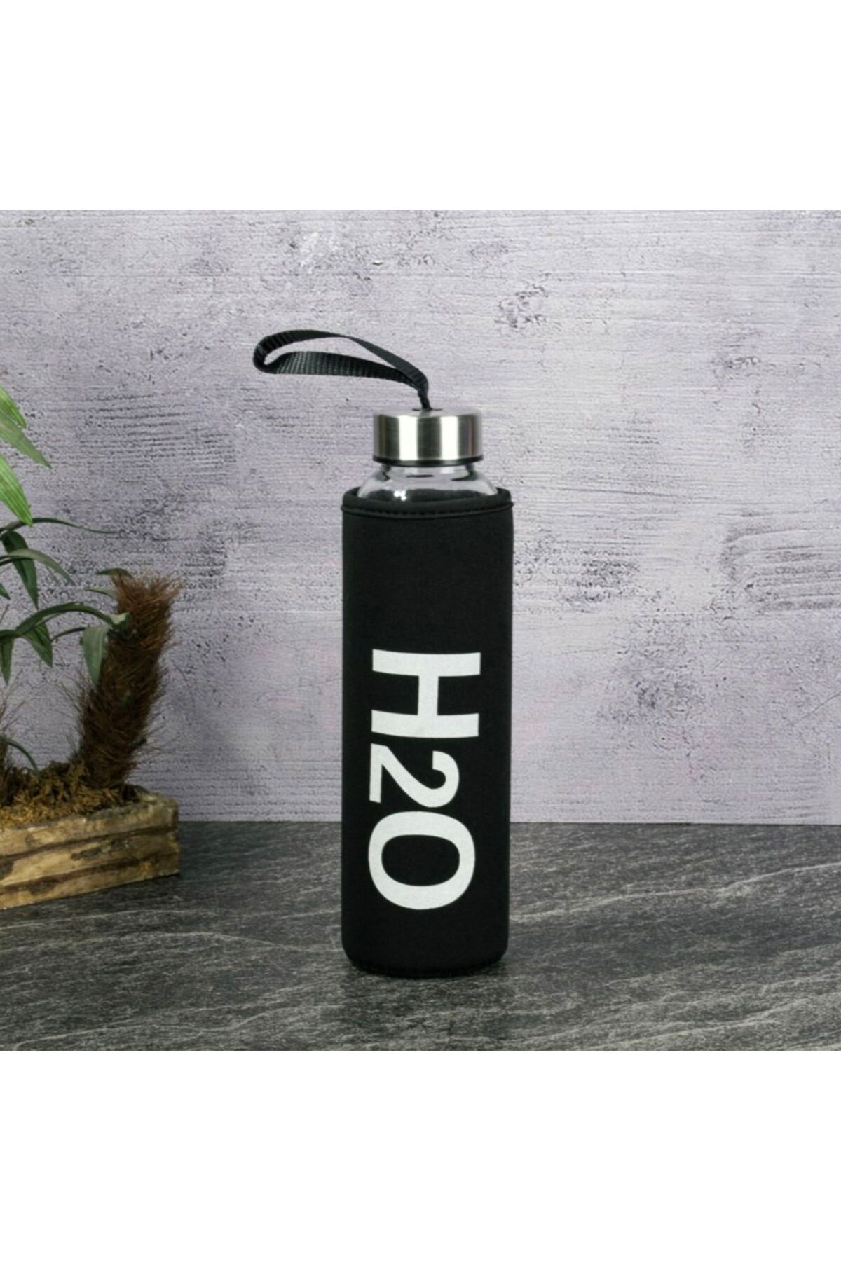 MATMEL H2O Peluş Kılıflı Cam Matara - Siyah / Şeffaf - 600 ml