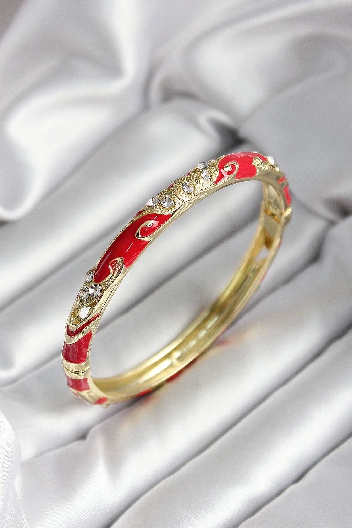 GLIMMERY Mineli Pirinç Kırmızı Çiçek Desenli Zirkon Taşlı Gold Renk Kadın Kelepçe