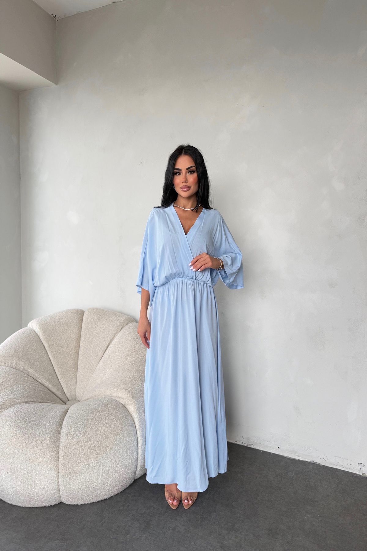 LİLA İSTANBUL Kruvaze Yaka Yarasa Kol Oversize Yazlık Elbise