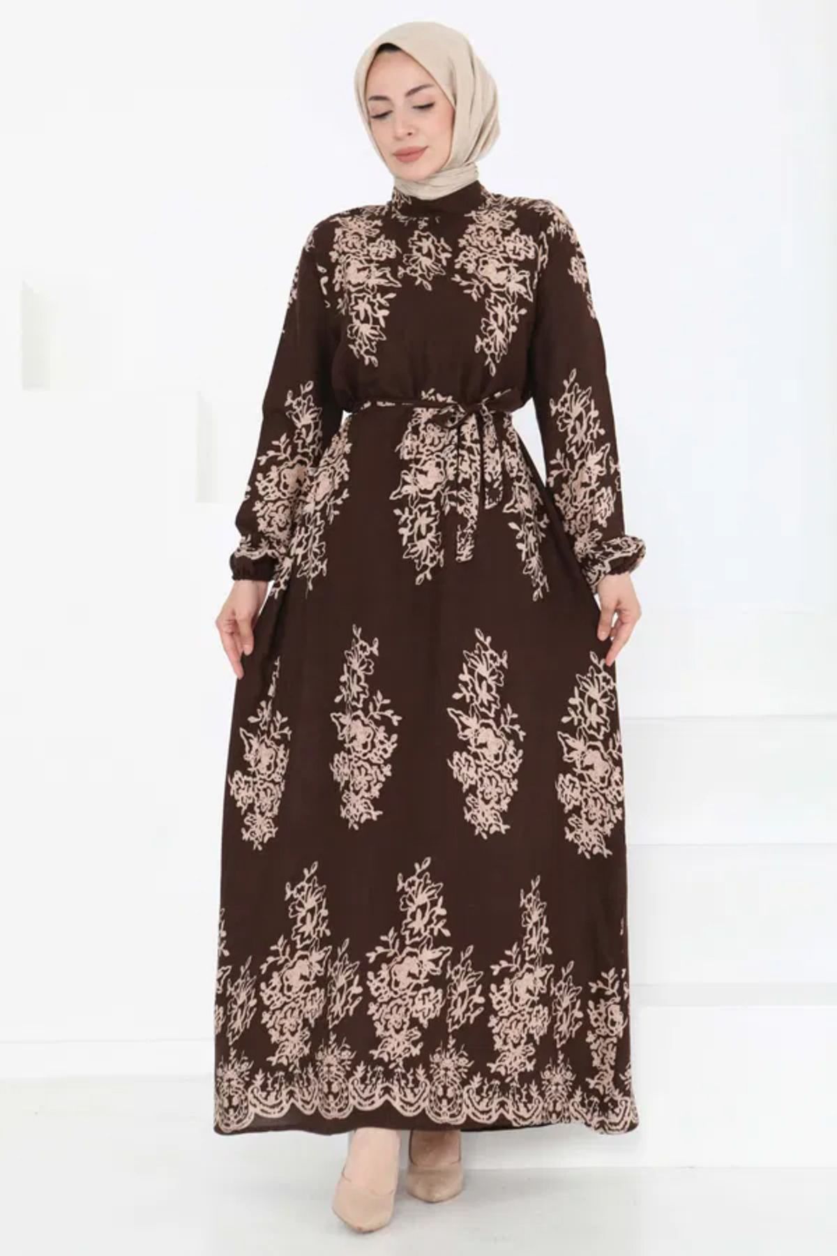 Butik Kuşaklı Desenli Elbise