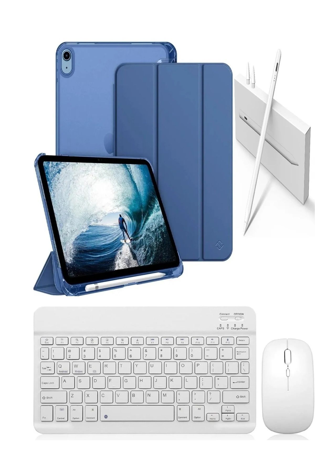 Covpor Apple İpad Pro 11 1/2/3/4. Nesil Uyumlu Flip Kılıf Lacivert+Bluetoothlu Klavye Mouse+Kalem
