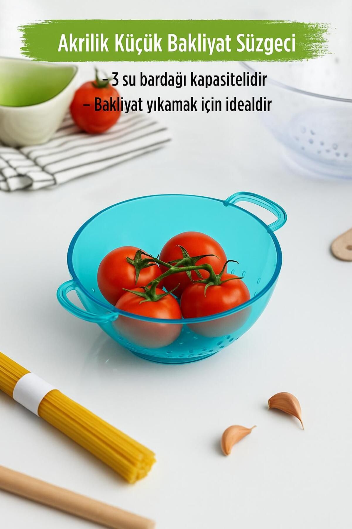 EWs Akrilik Aquamarin Mini Pirinç Süzgeçi & Bakliyat Süzgeçi (3 SU BARDAĞI ÖLÇÜLÜ)