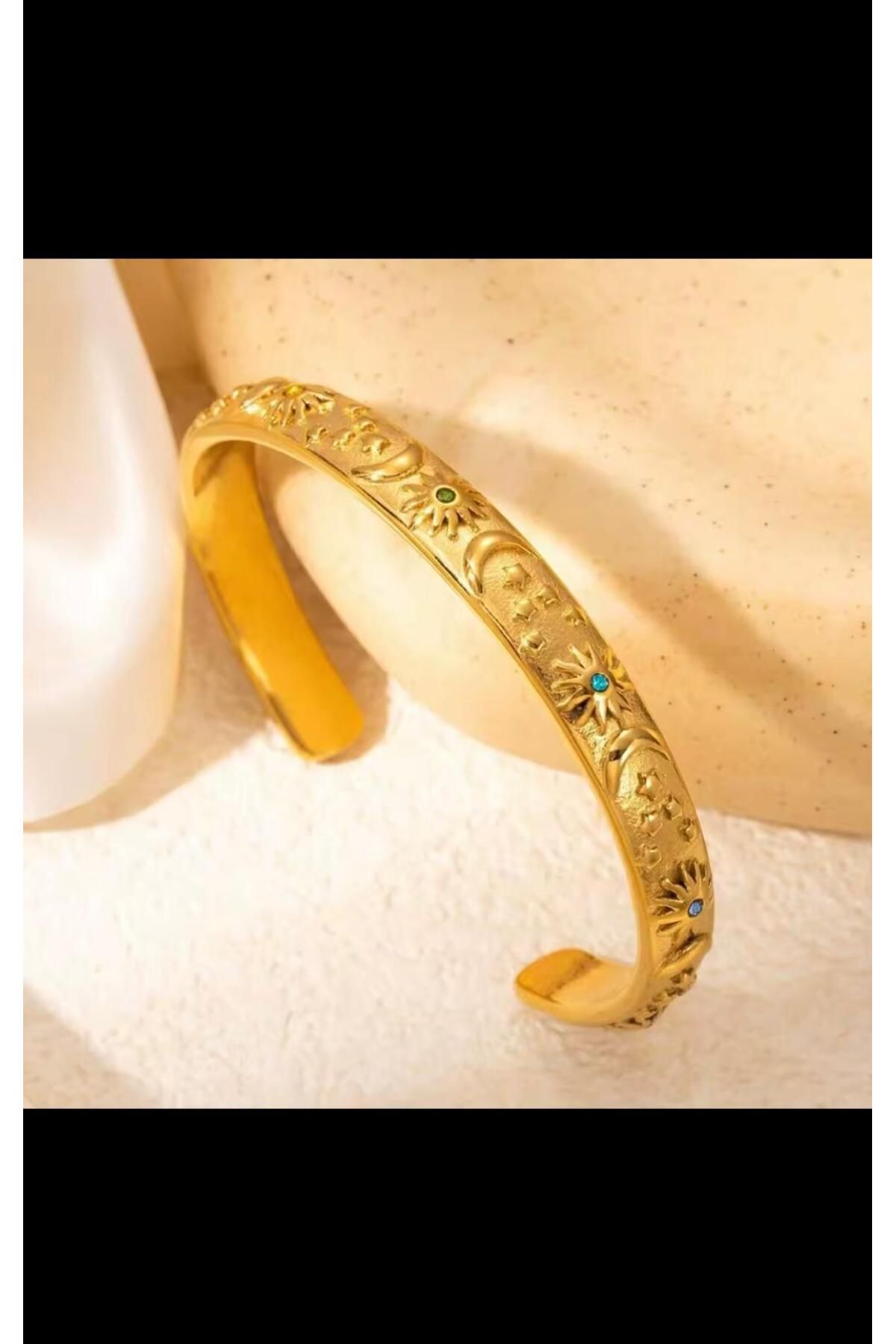 bijoux uniques ay güneş renkli taşlı çelik kadın bilezik
