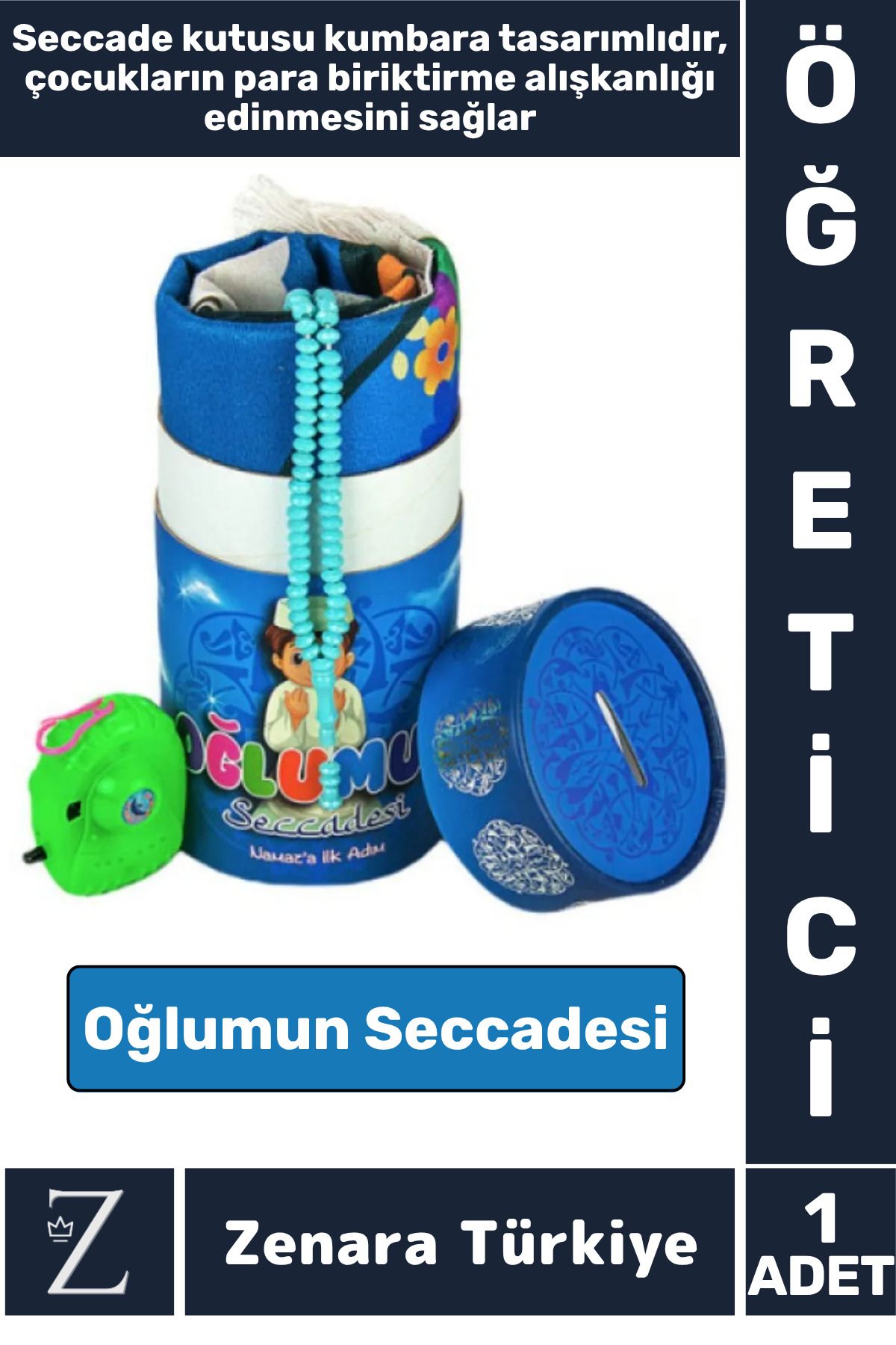 Zenara Erkek Çocuk İbadet Öğretici 3 Parça Seccade Tesbih Kumbara Tasarım Namaza İlk Adım OĞLUMUN SECCADESİ