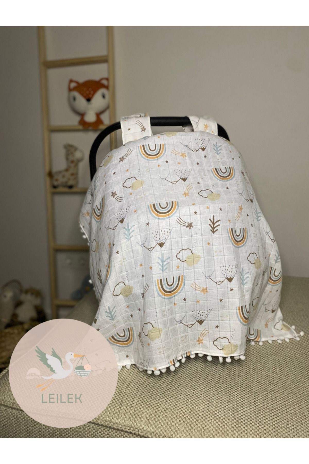 Leilek Desenli %100 Pamuk Muslin Puset Örtüsü,Bebek Puset Örtüsü