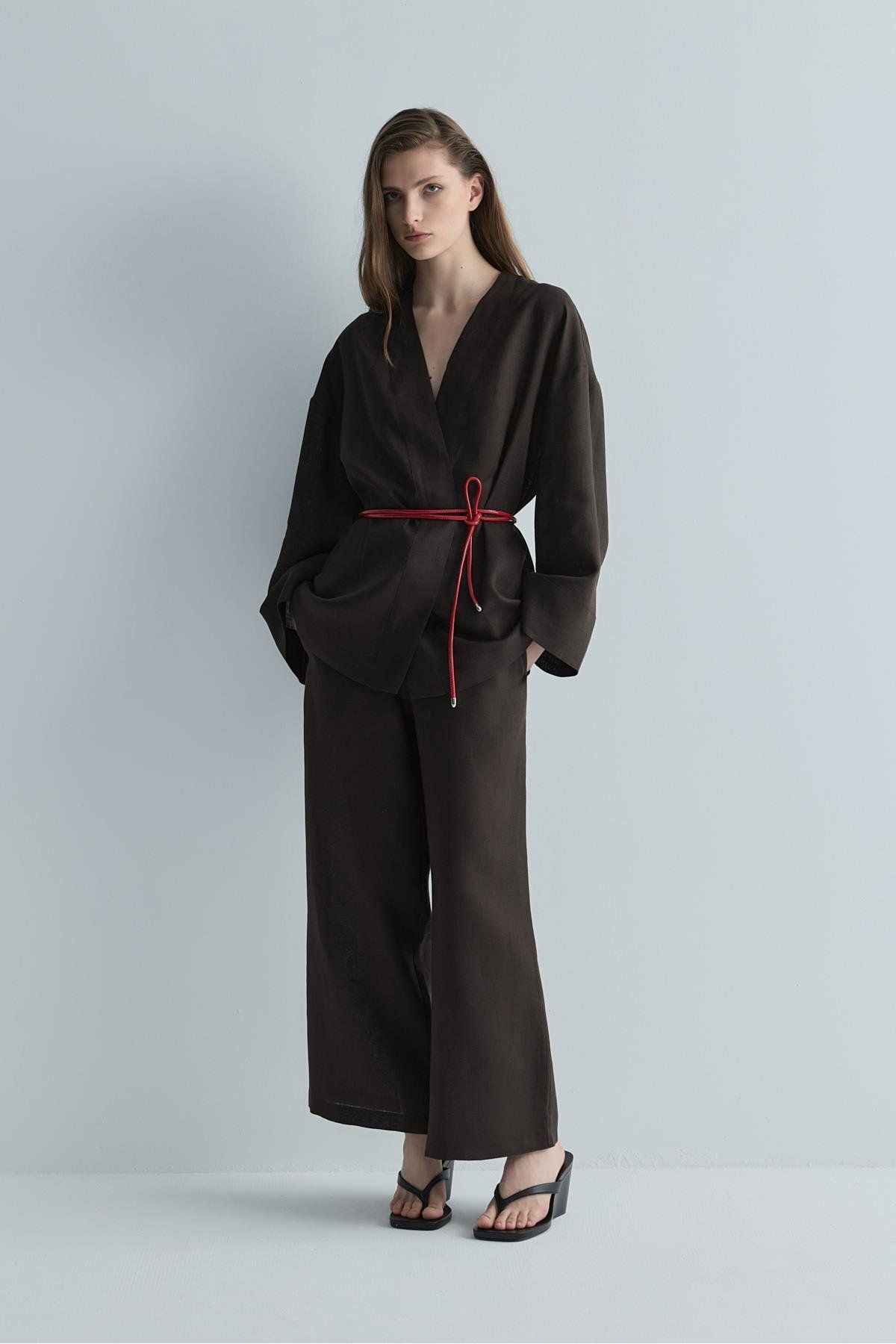 Suud Collection Kahverengi %100 Keten Eleni Kimono
