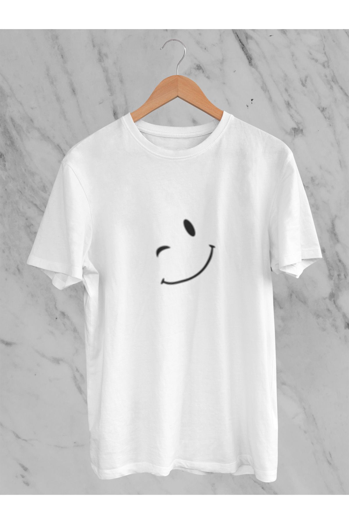 MG GÜLEN YÜZ BASKILI UNISEX BİSİKLET YAKA PAMUKLU OVERSIZE KALIP KISA KOLLU T-SHIRT